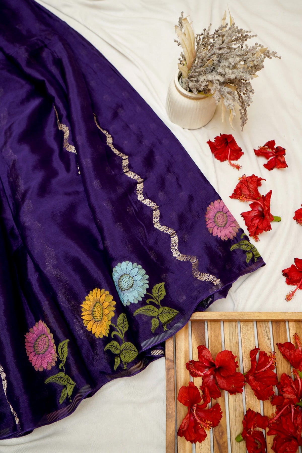 Deep Purple Floral Weave Chinon Silk Saree with Stitched Blouse