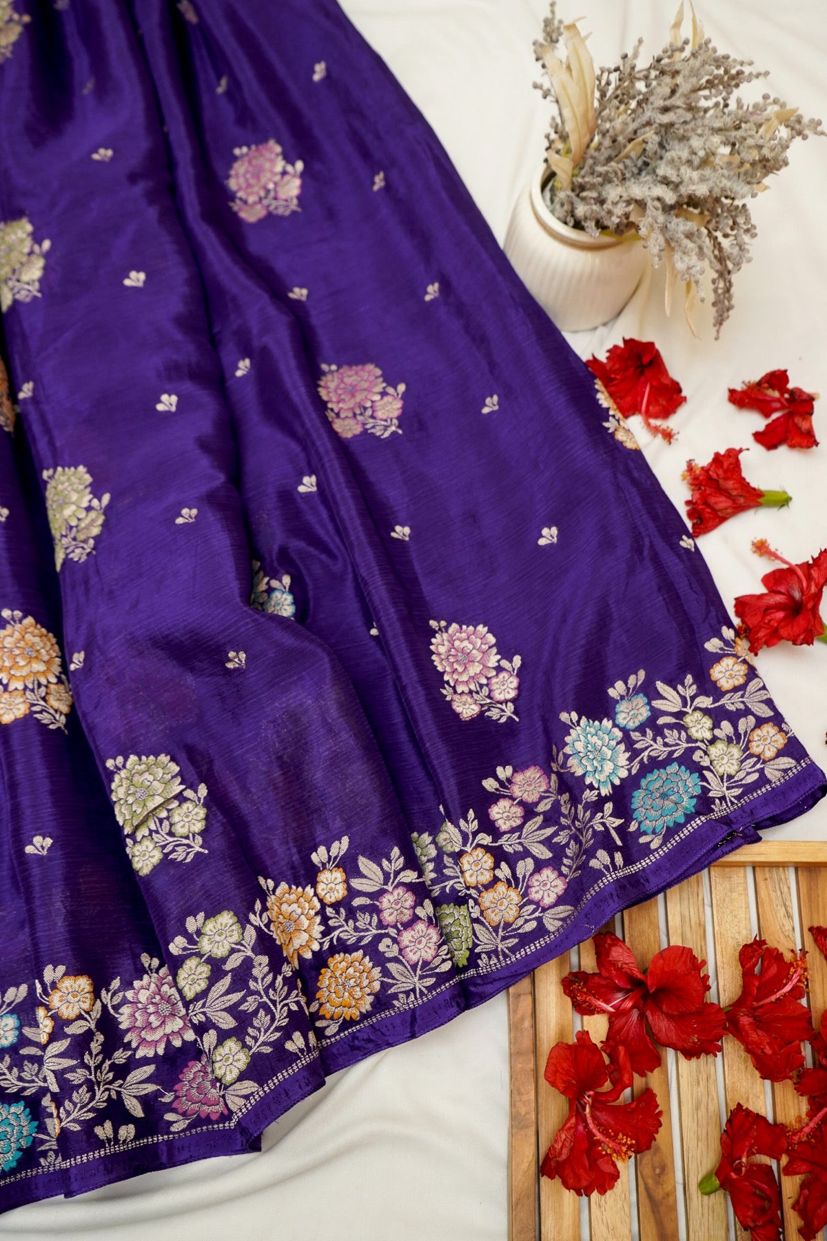 Royal Purple Chinon Silk Saree with Multicolor Floral Border and Stitched Blouse