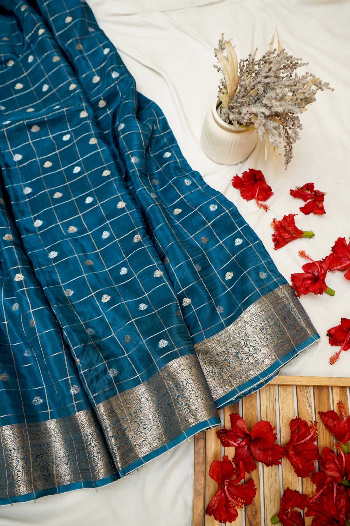 Petrol Blue Checks Pattern Banarasi Dola Silk Saree with Stitched Blouse