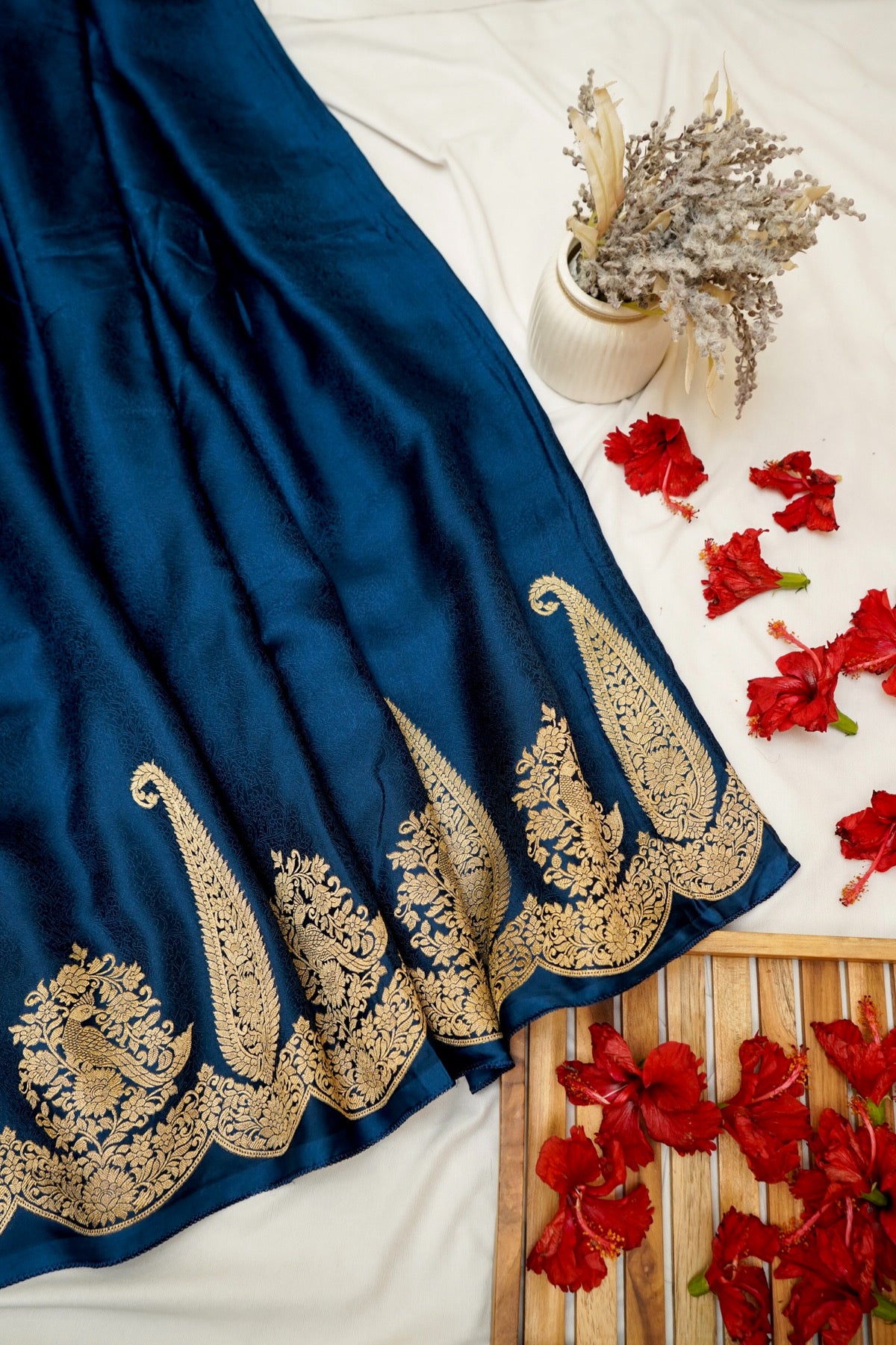 Deep Navy Blue Banarasi Dola Silk Saree with Gold Paisley Border and Stitched Blouse