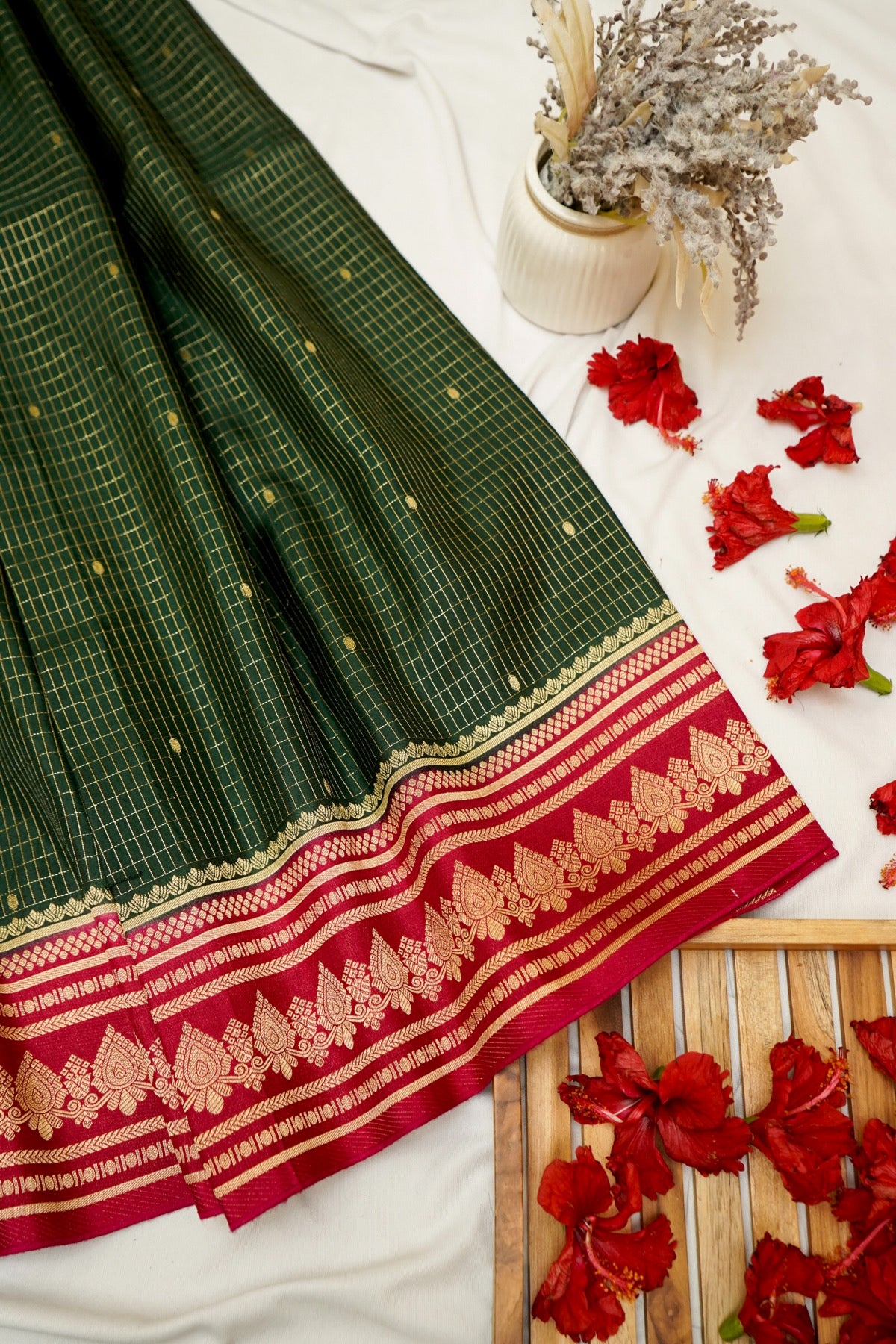 Bottle Green Banarasi Dola Silk Saree with Magenta Border and Stitched Blouse