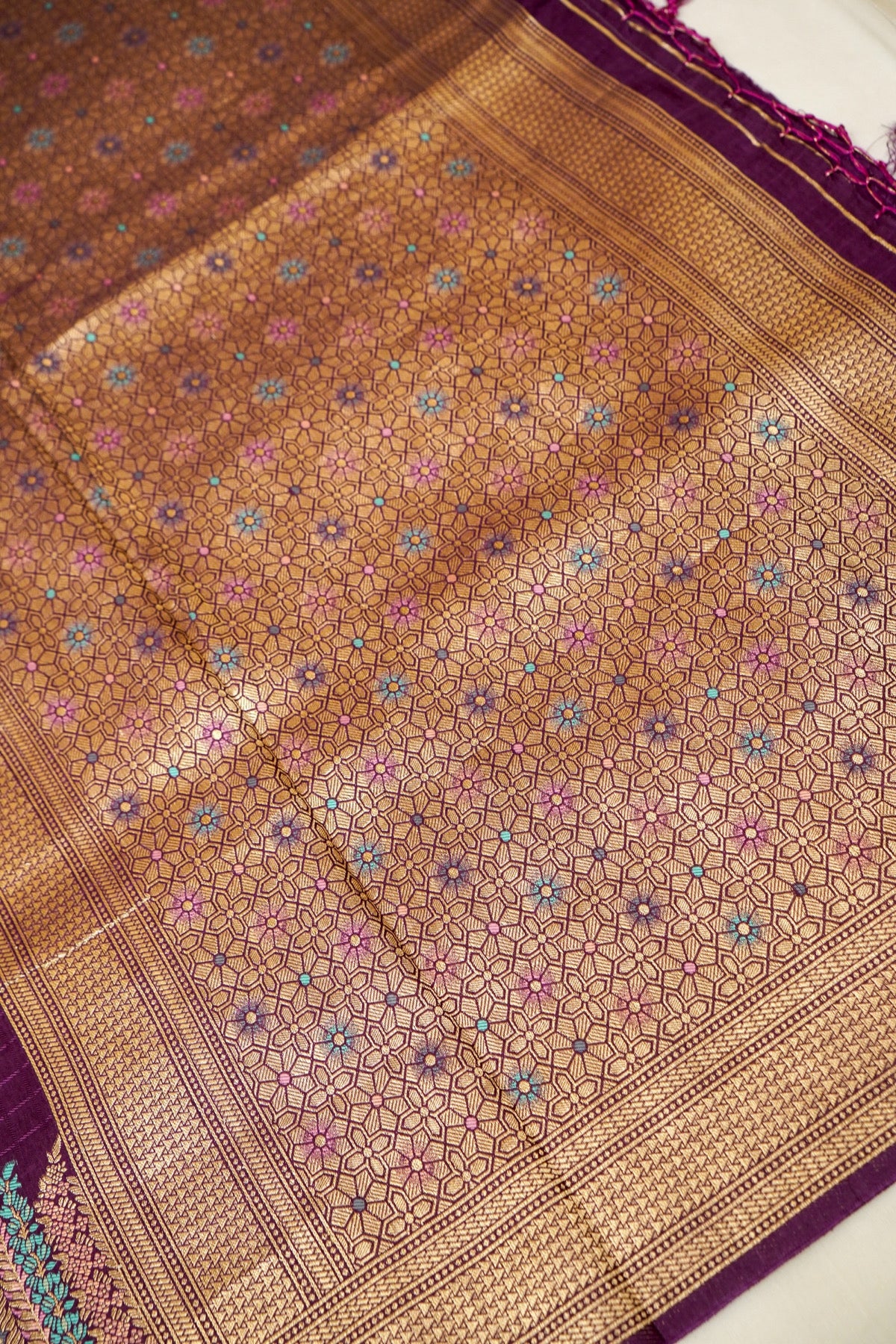 Plum Purple Dola Silk Saree with Multicolor Floral Border and Stitched Blouse