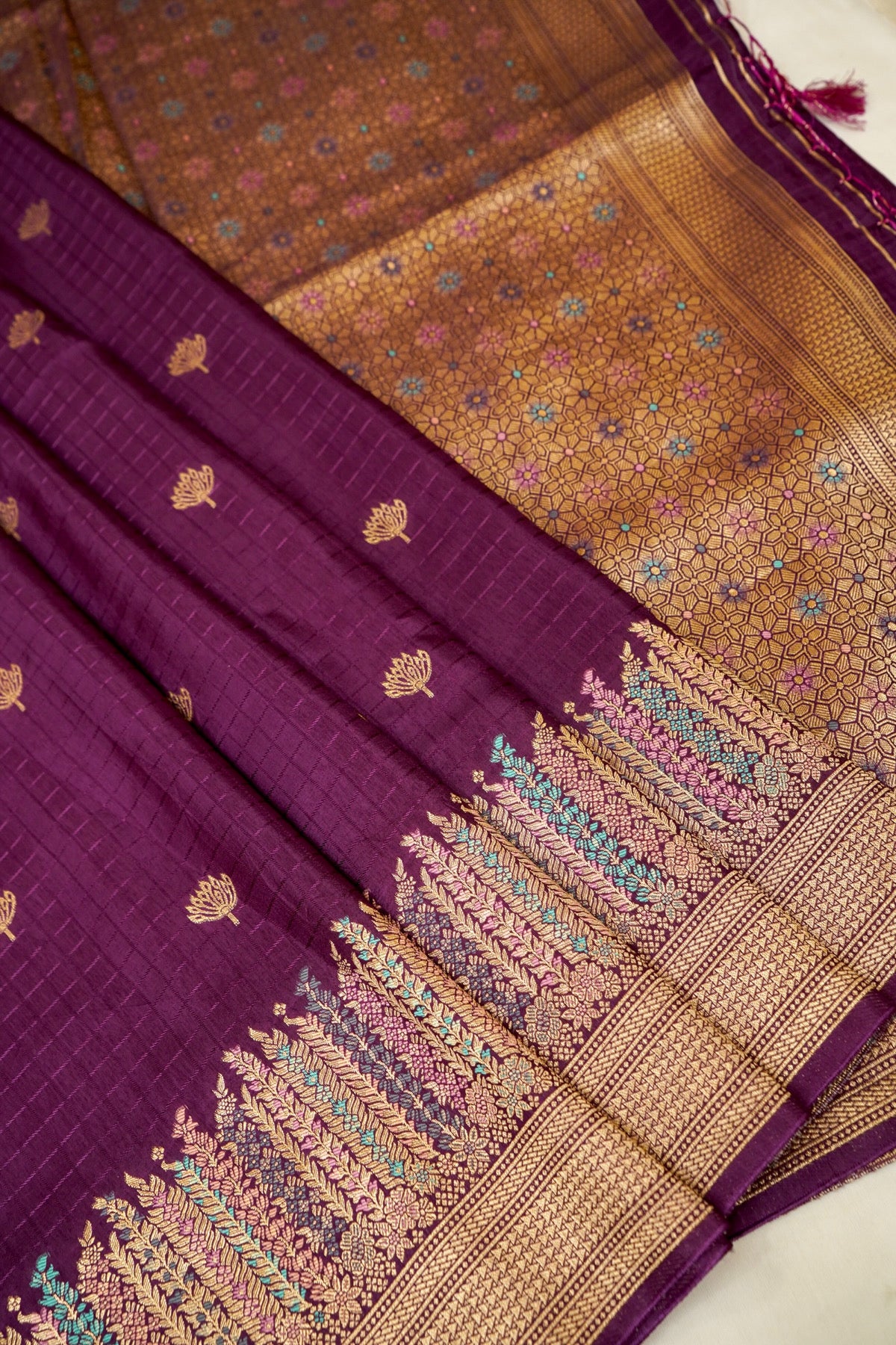 Plum Purple Dola Silk Saree with Multicolor Floral Border and Stitched Blouse