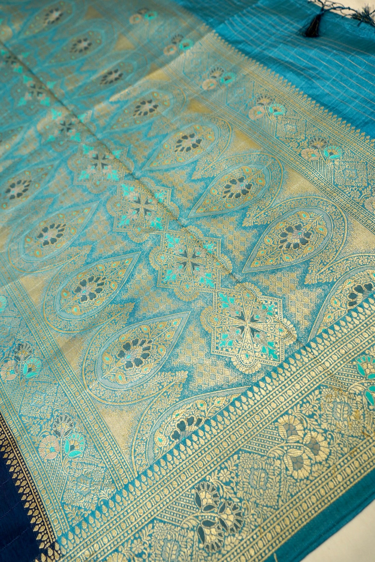 Navy Blue Banarasi Dola Silk Saree with Turquoise Floral Border and Stitched Blouse