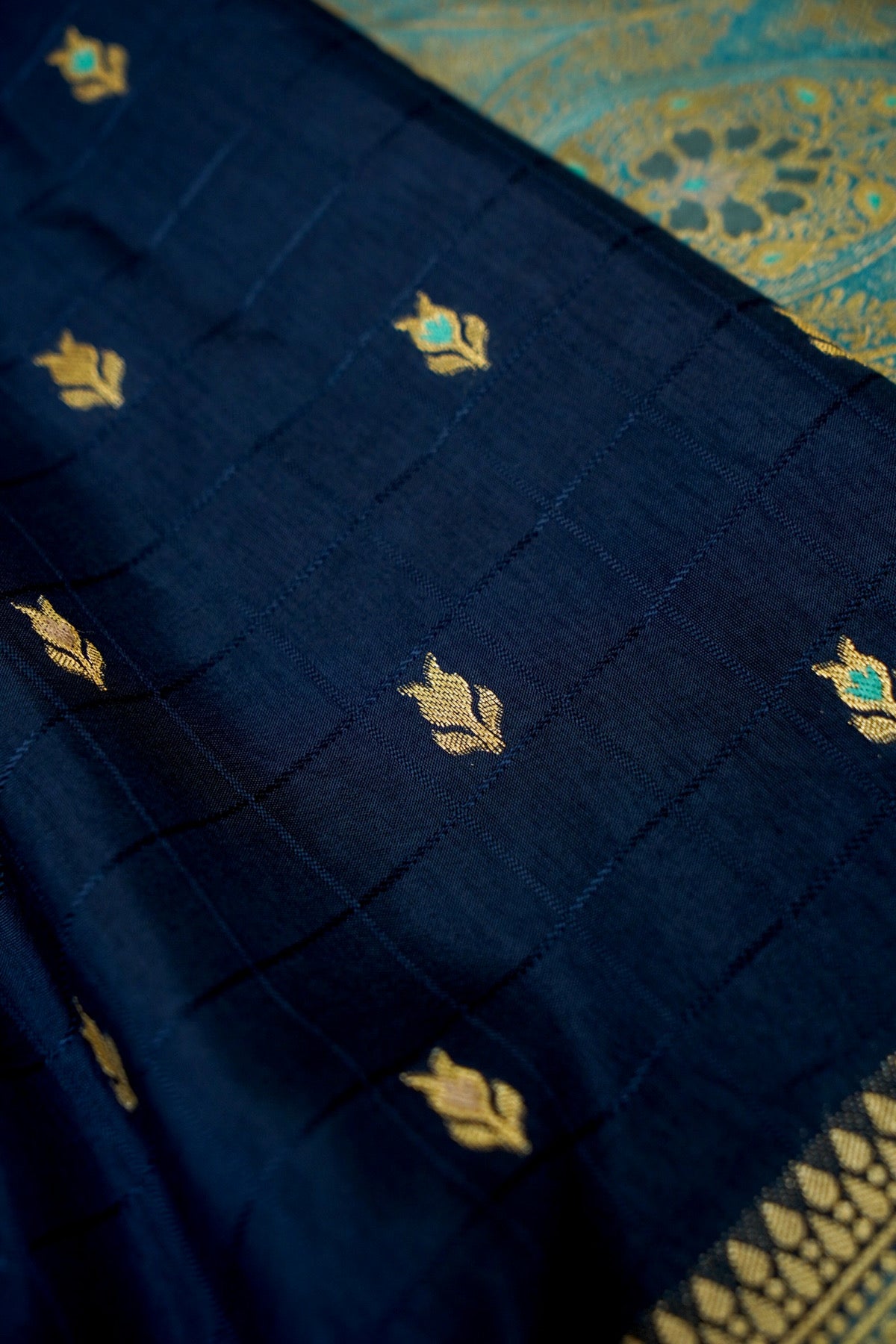 Navy Blue Banarasi Dola Silk Saree with Turquoise Floral Border and Stitched Blouse