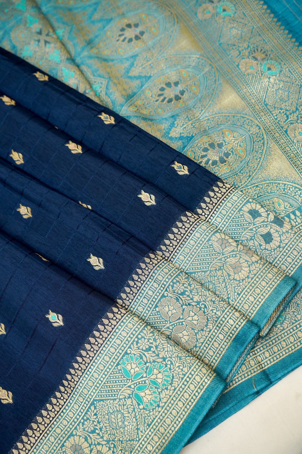 Navy Blue Banarasi Dola Silk Saree with Turquoise Floral Border and Stitched Blouse