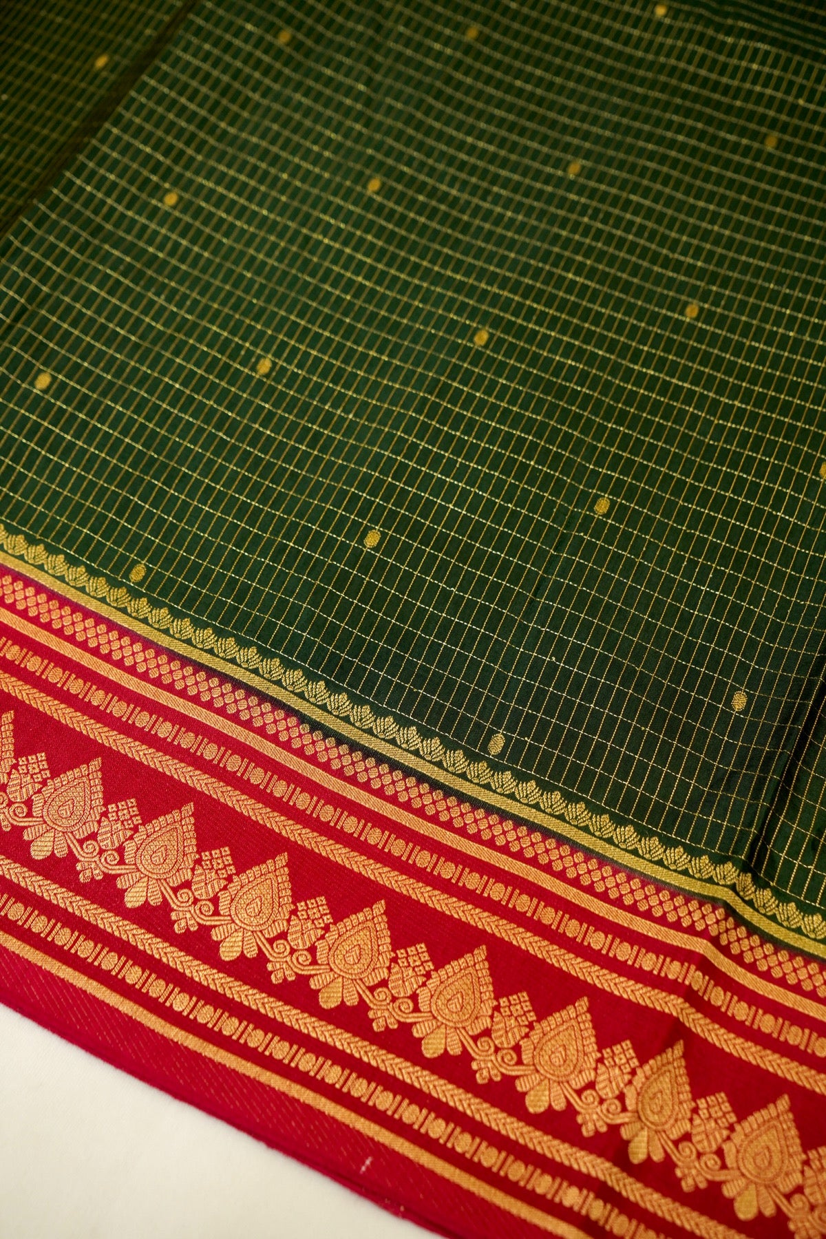 Bottle Green Banarasi Dola Silk Saree with Magenta Border and Stitched Blouse
