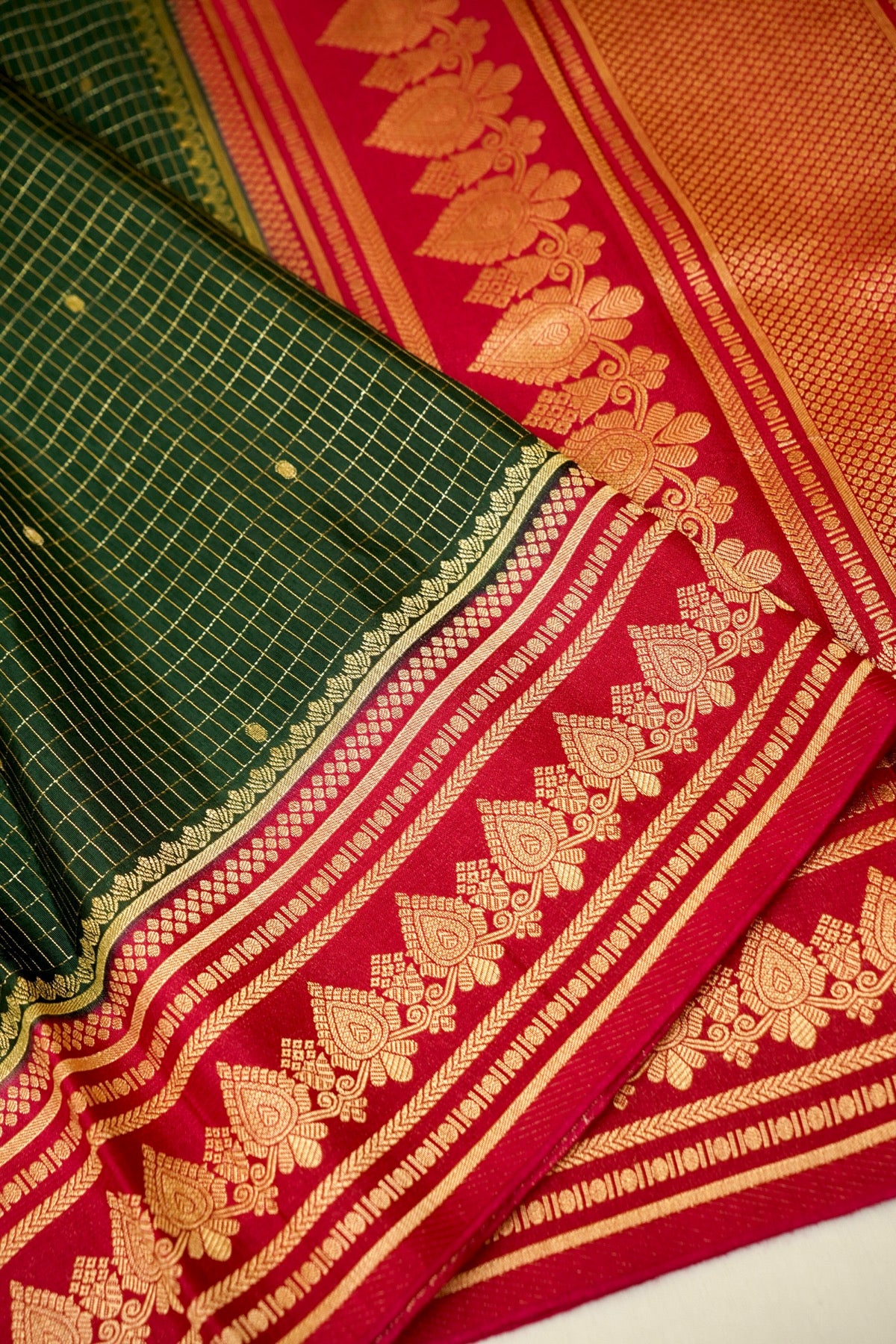 Bottle Green Banarasi Dola Silk Saree with Magenta Border and Stitched Blouse