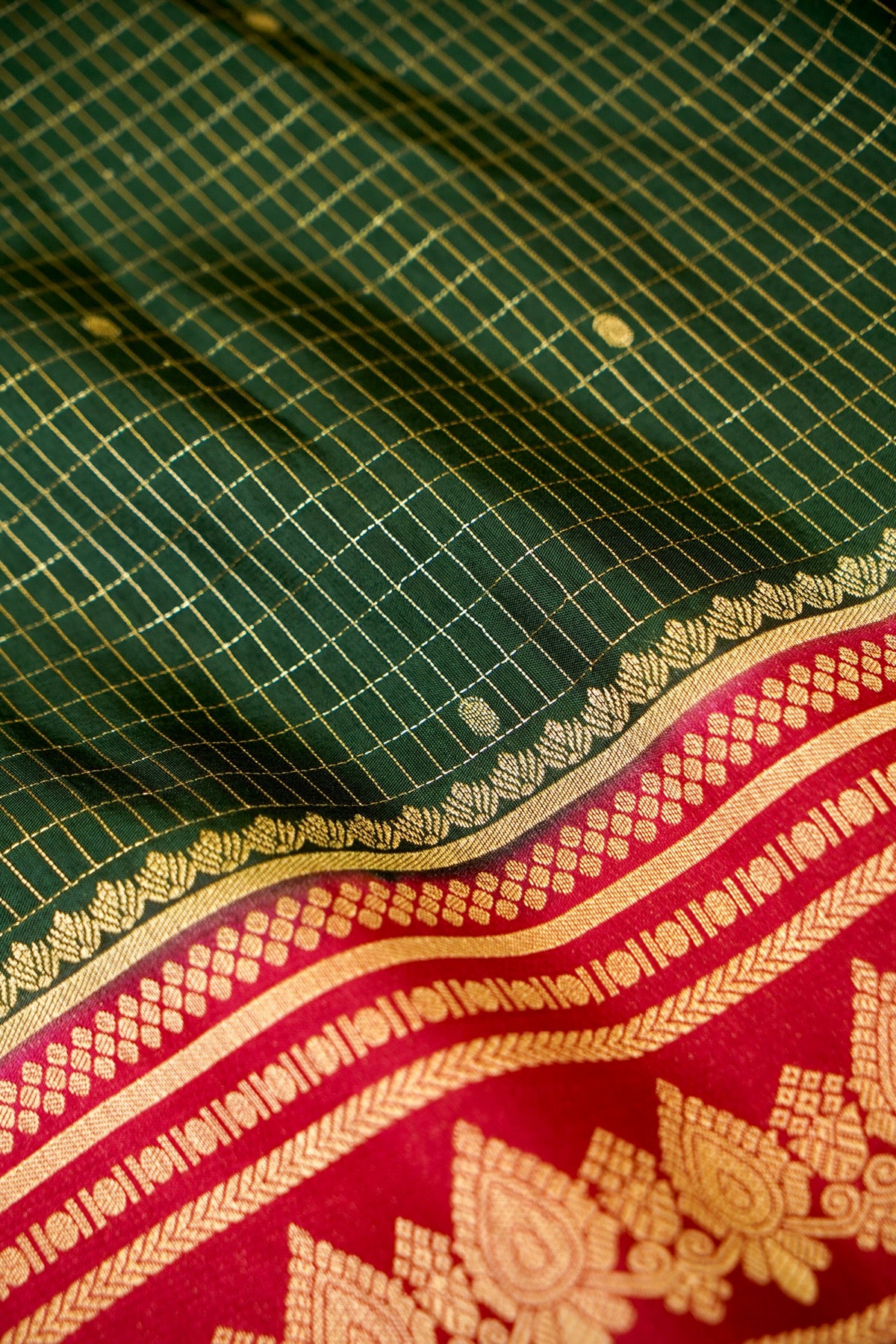 Bottle Green Banarasi Dola Silk Saree with Magenta Border and Stitched Blouse