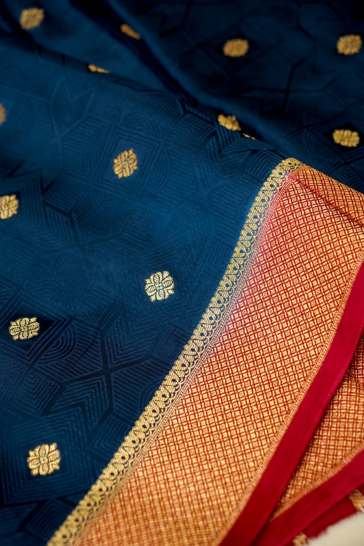 Midnight Blue Banarasi Dola Silk Saree with Gold Border and Stitched Blouse