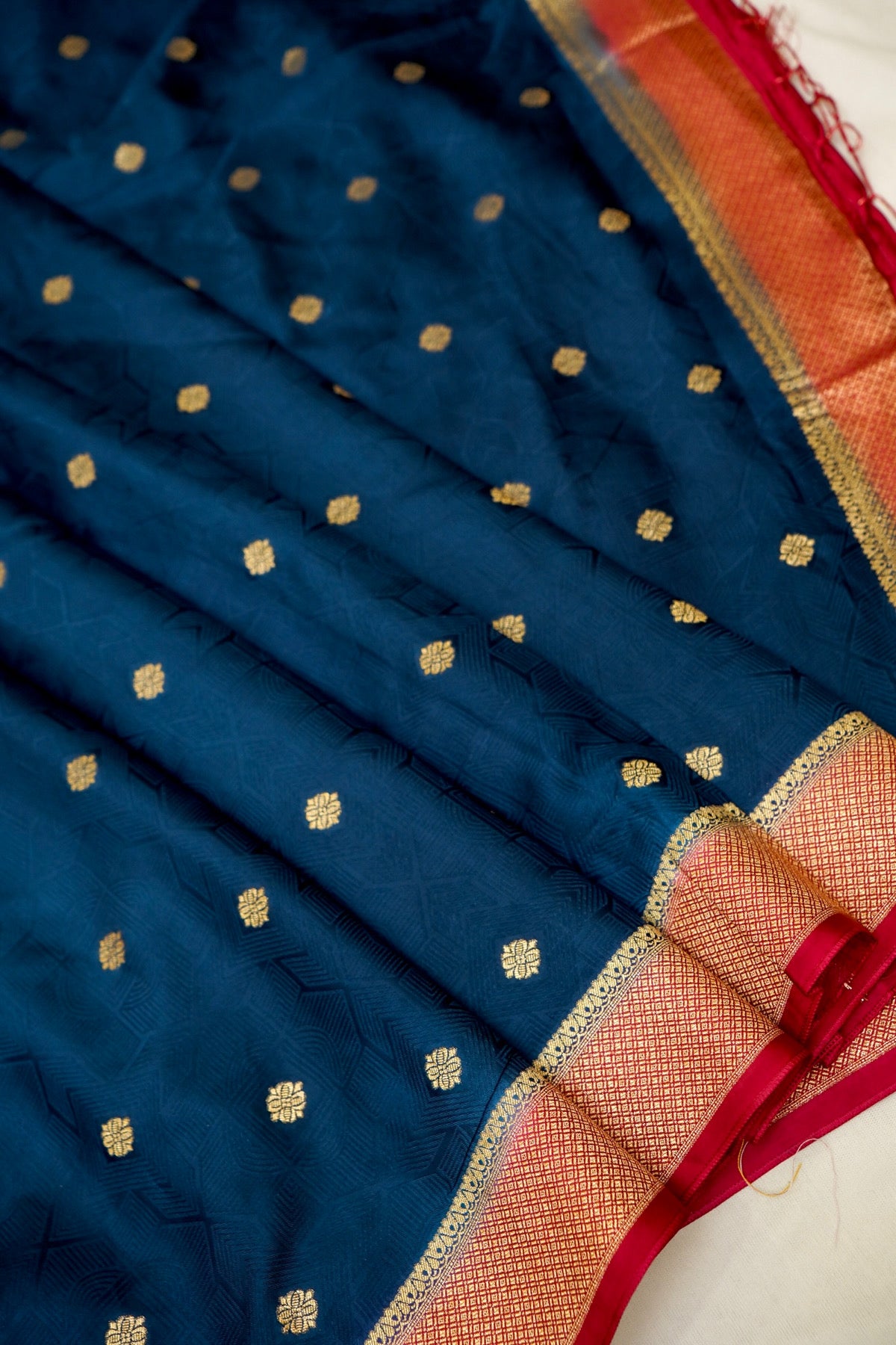 Midnight Blue Banarasi Dola Silk Saree with Gold Border and Stitched Blouse