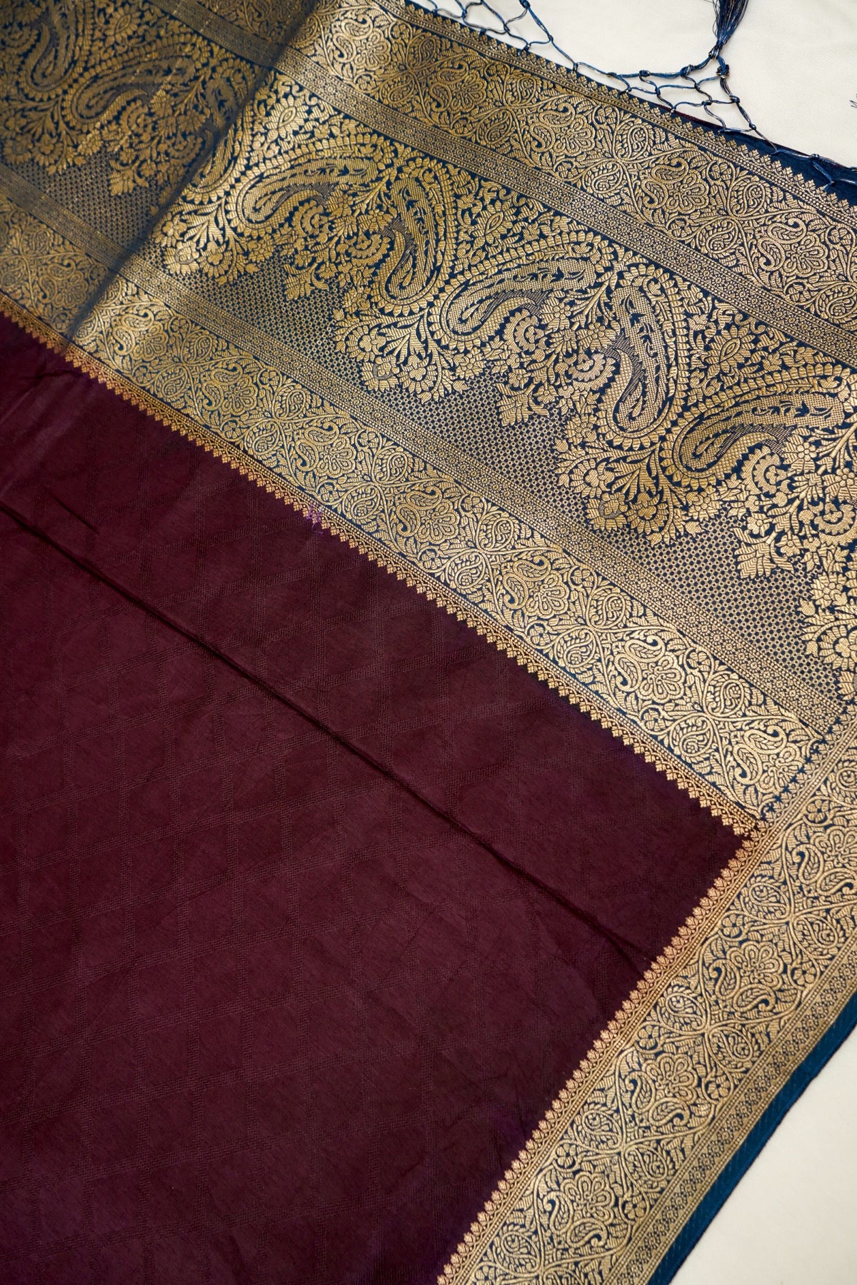 Wine Purple Banarasi Dola Silk Saree with Gold Border and Stitched Blouse