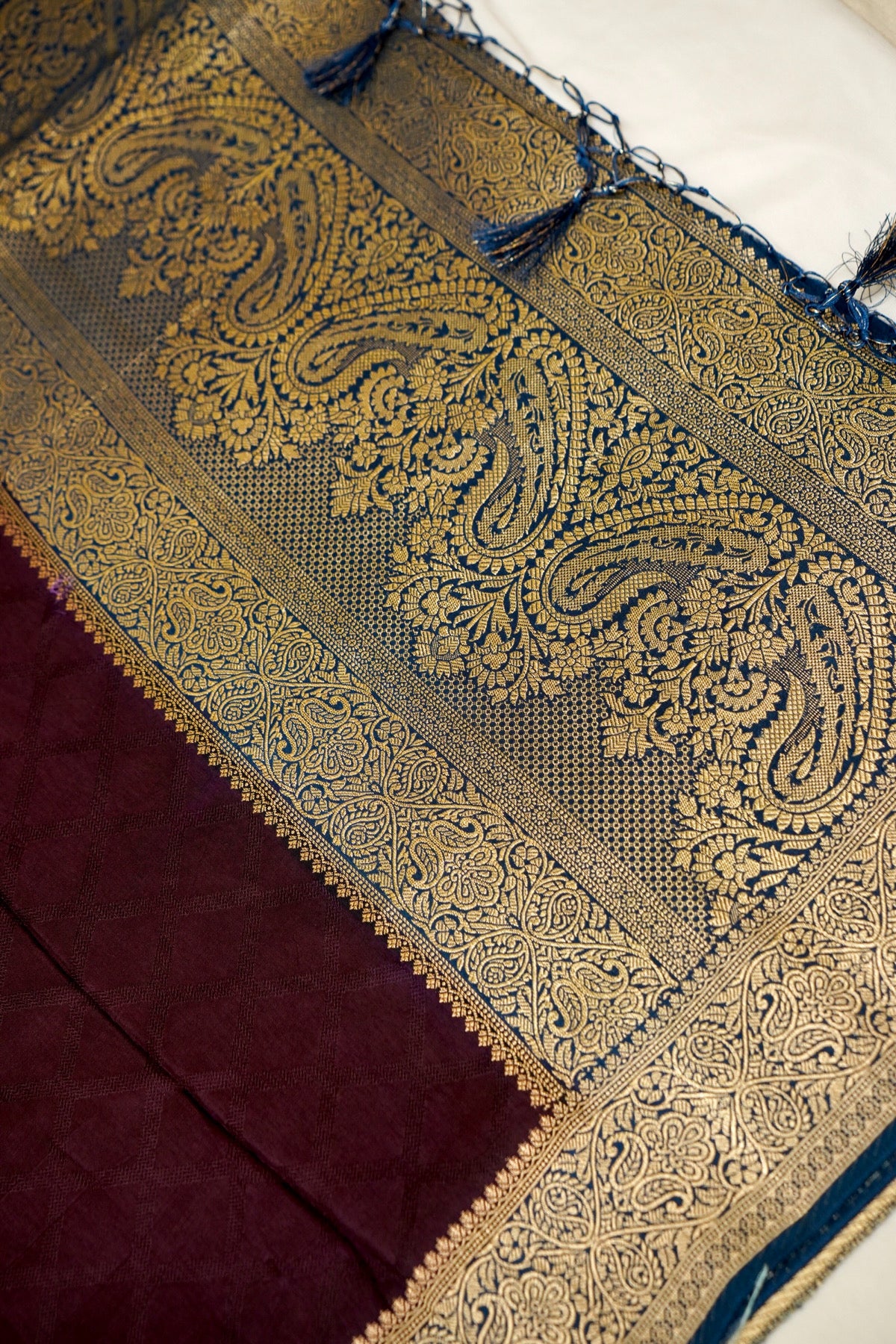 Wine Purple Banarasi Dola Silk Saree with Gold Border and Stitched Blouse