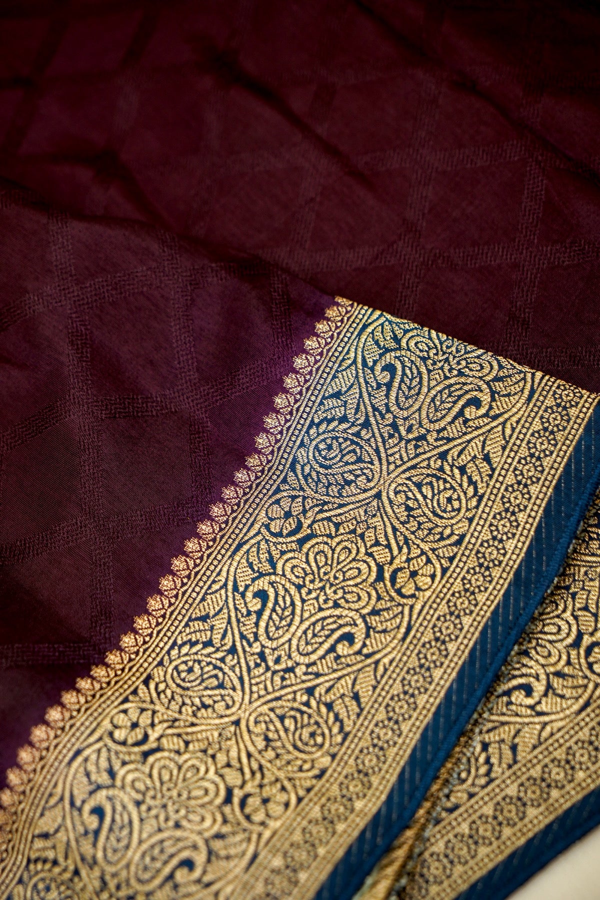 Wine Purple Banarasi Dola Silk Saree with Gold Border and Stitched Blouse