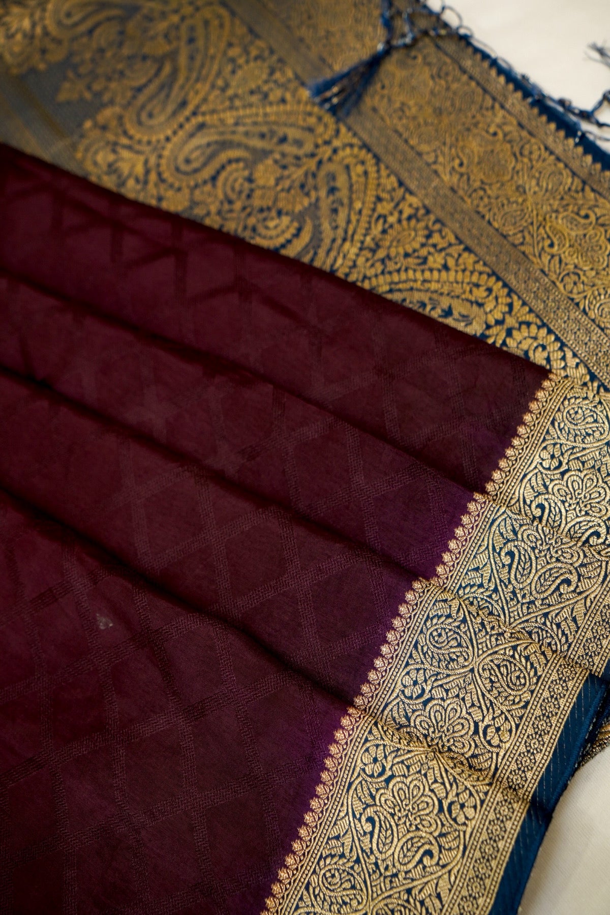 Wine Purple Banarasi Dola Silk Saree with Gold Border and Stitched Blouse