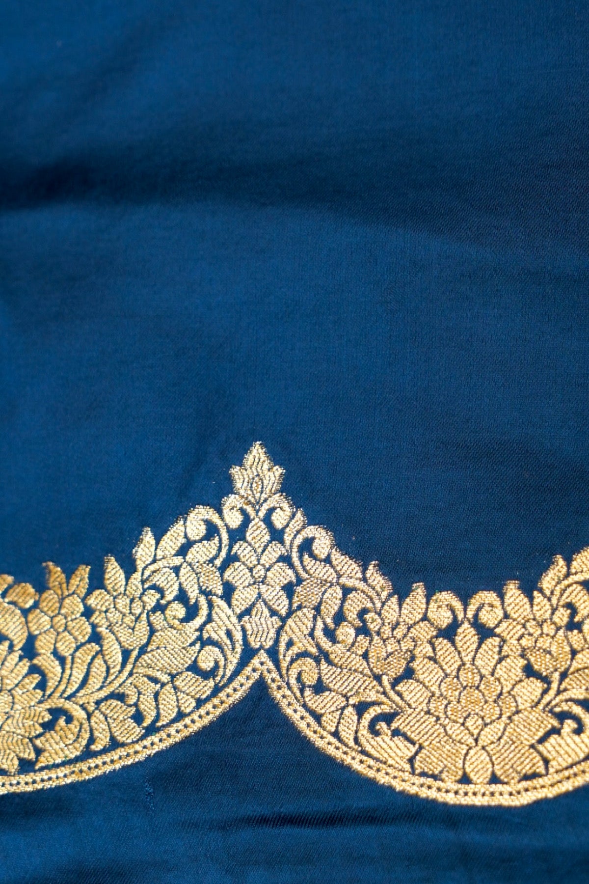 Deep Navy Blue Banarasi Dola Silk Saree with Gold Paisley Border and Stitched Blouse