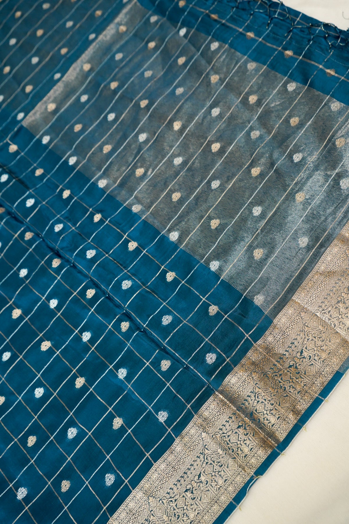 Petrol Blue Checks Pattern Banarasi Dola Silk Saree with Stitched Blouse