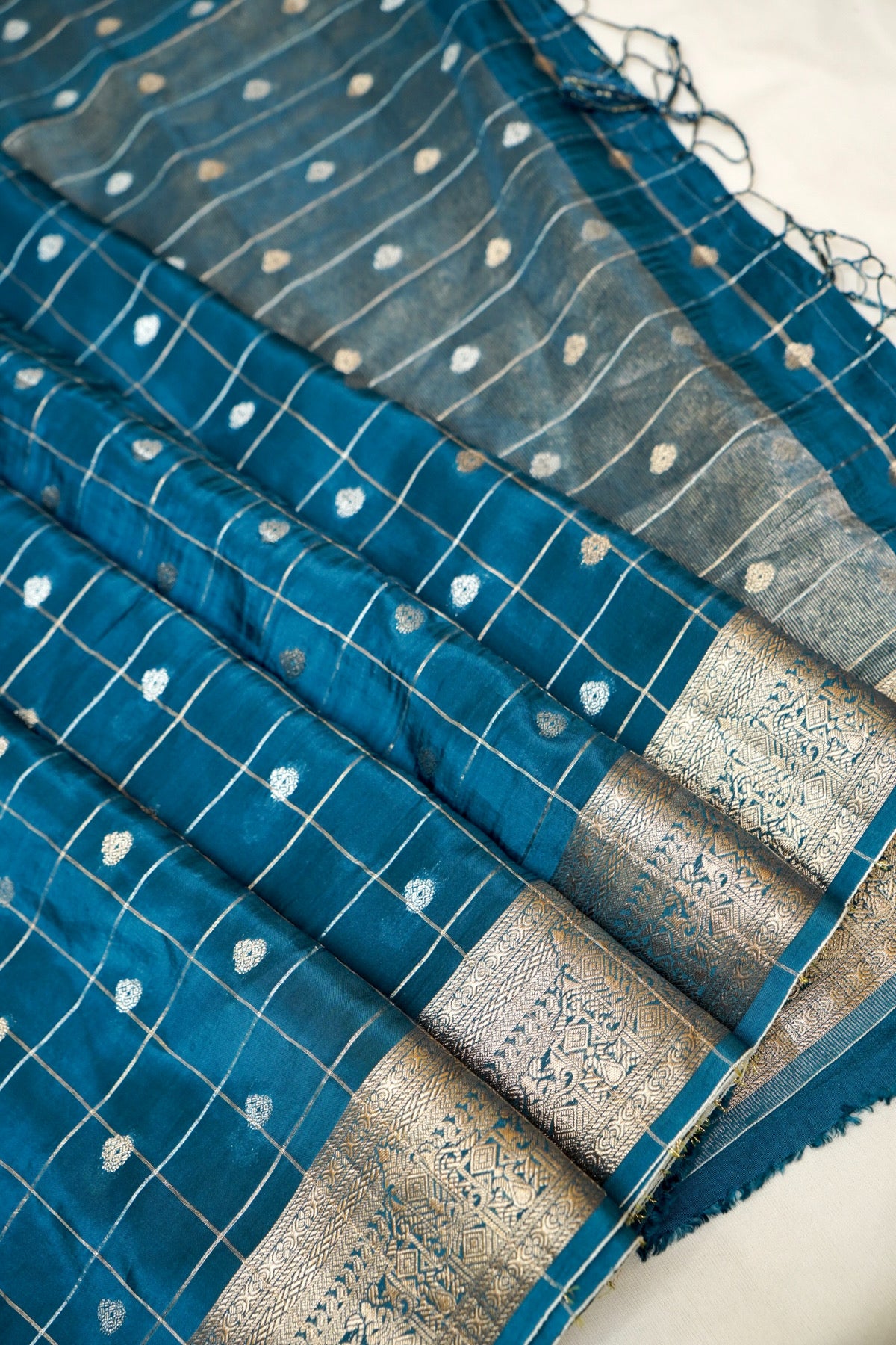 Petrol Blue Checks Pattern Banarasi Dola Silk Saree with Stitched Blouse