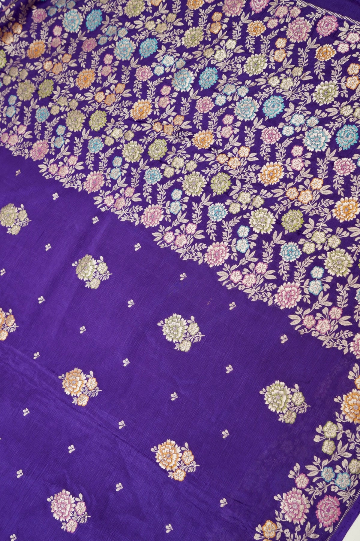 Royal Purple Chinon Silk Saree with Multicolor Floral Border and Stitched Blouse