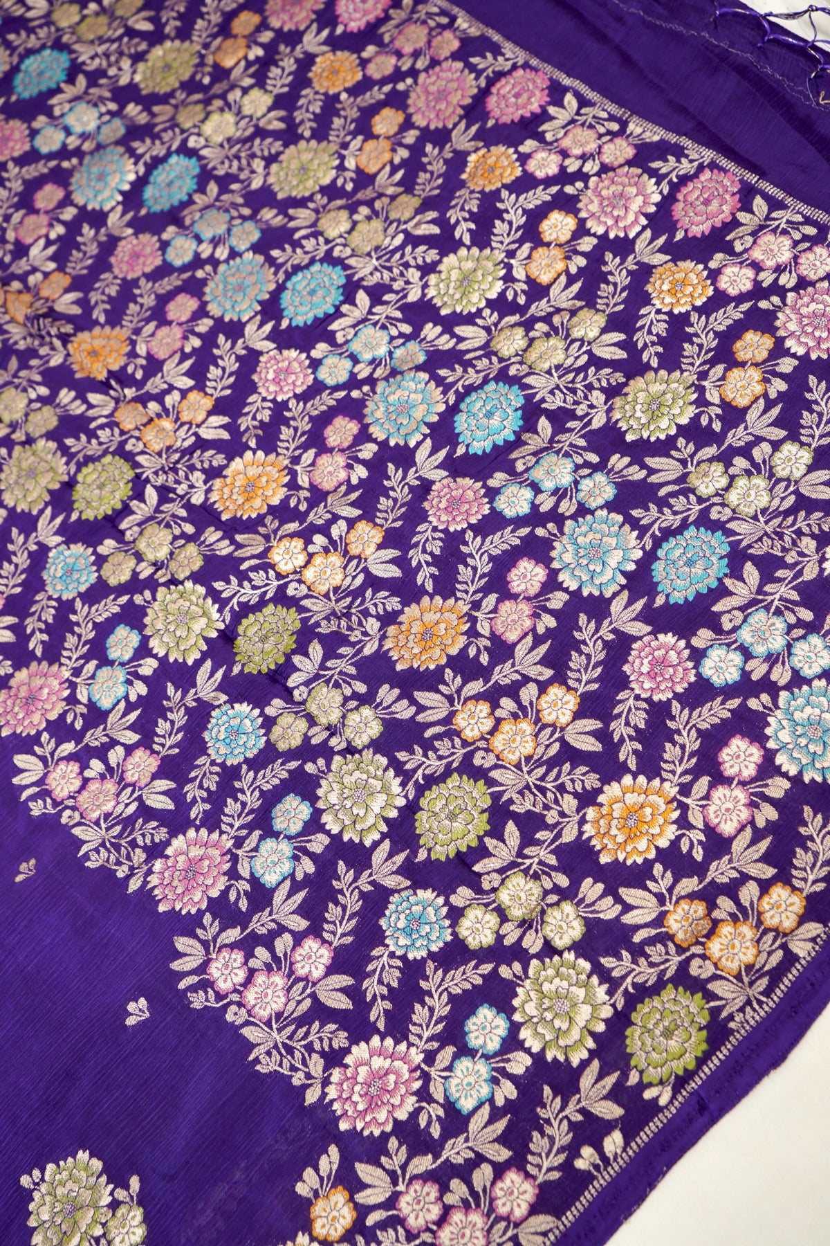 Royal Purple Chinon Silk Saree with Multicolor Floral Border and Stitched Blouse