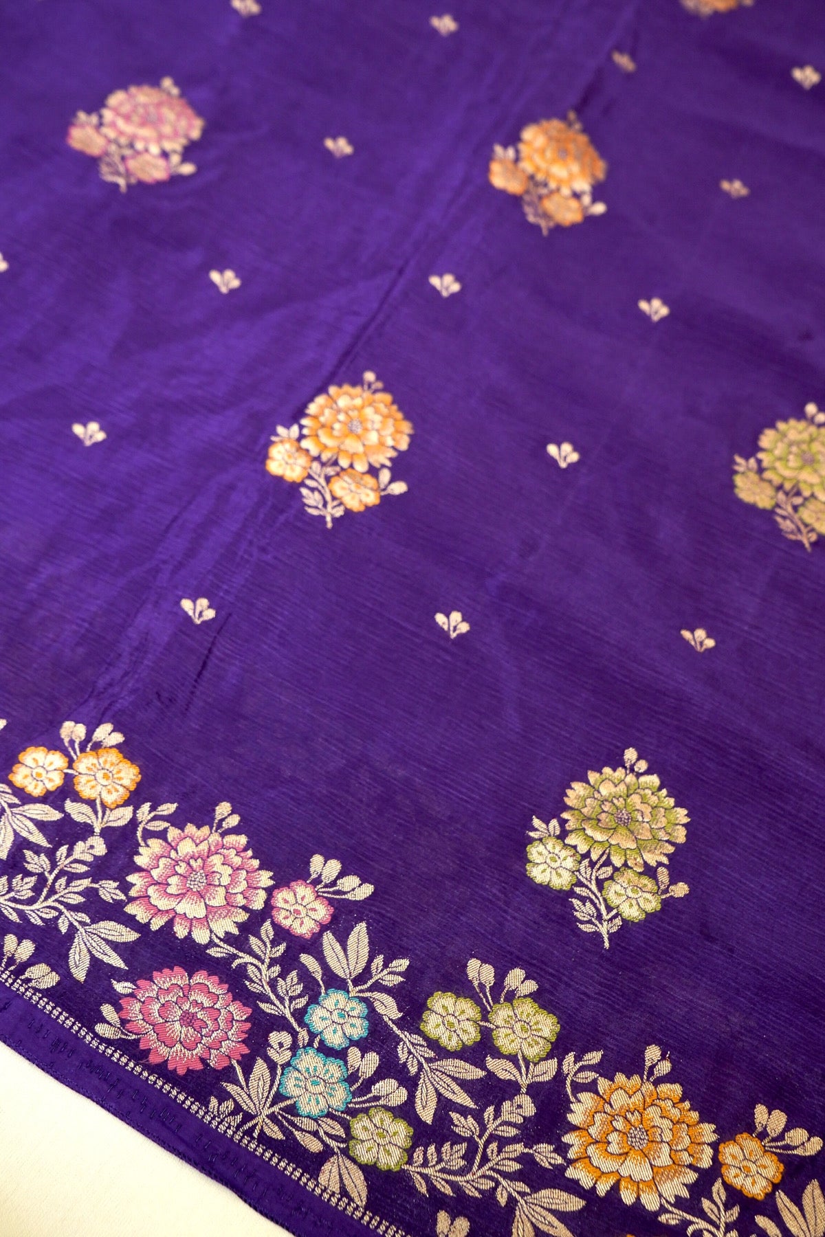 Royal Purple Chinon Silk Saree with Multicolor Floral Border and Stitched Blouse