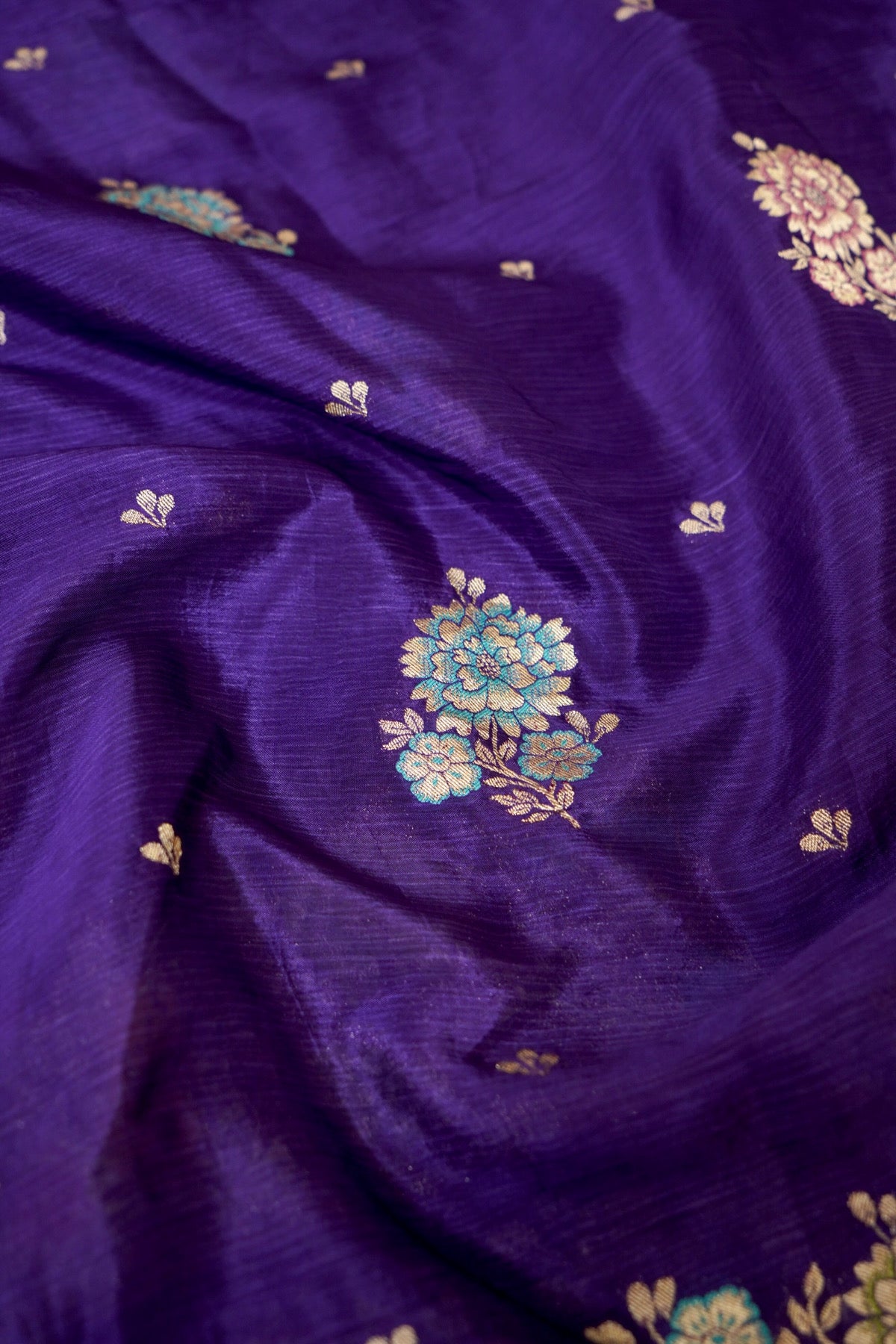 Royal Purple Chinon Silk Saree with Multicolor Floral Border and Stitched Blouse