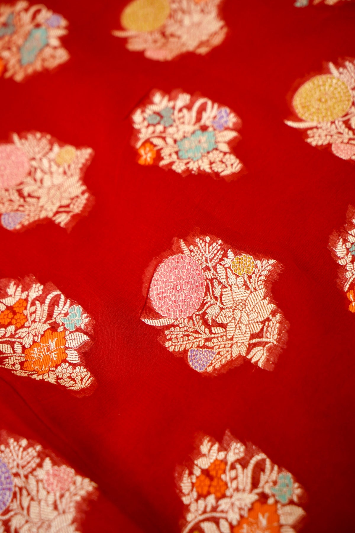 Classic Red Chinon Silk Saree with Multicolor Floral Border and Stitched Blouse