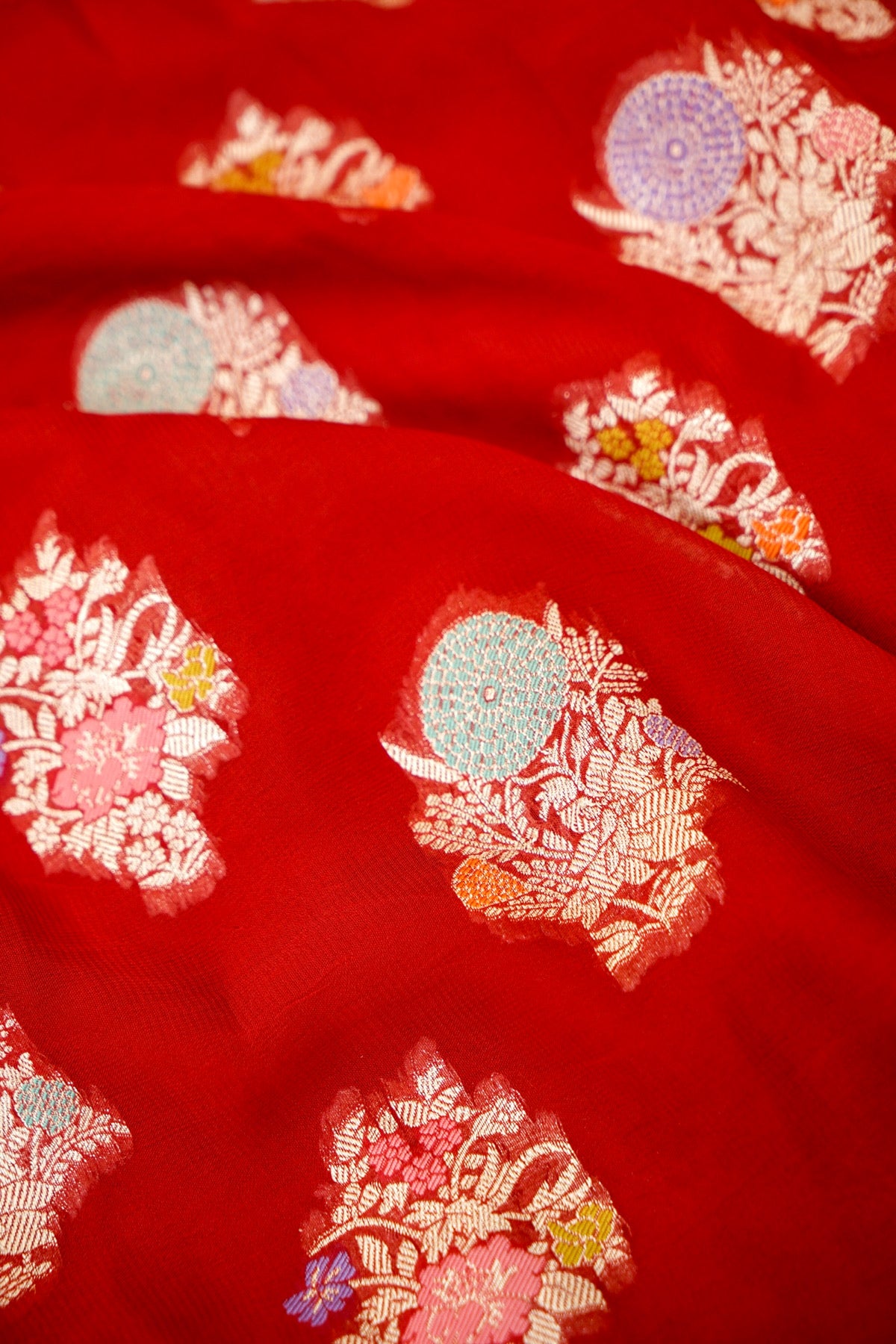 Classic Red Chinon Silk Saree with Multicolor Floral Border and Stitched Blouse