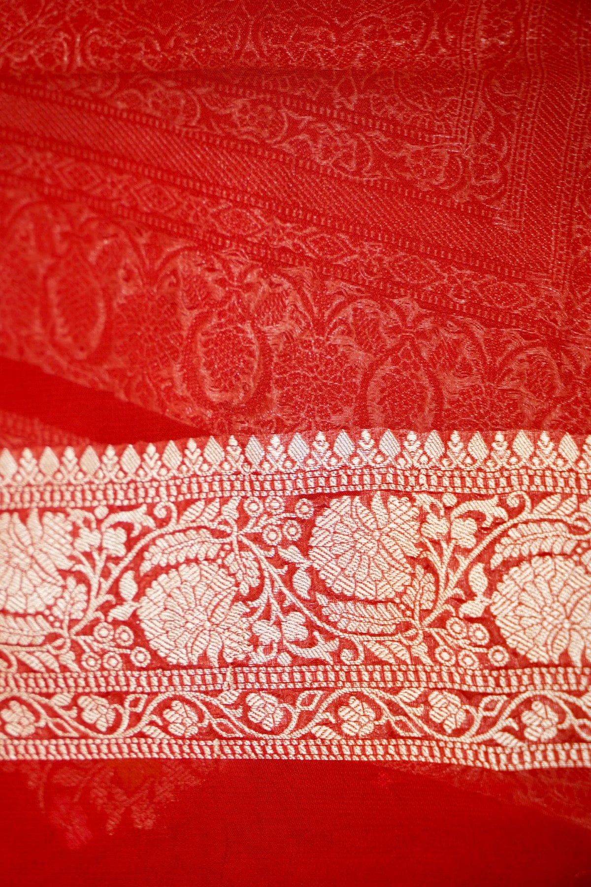Classic Red Chinon Silk Saree with Multicolor Floral Border and Stitched Blouse