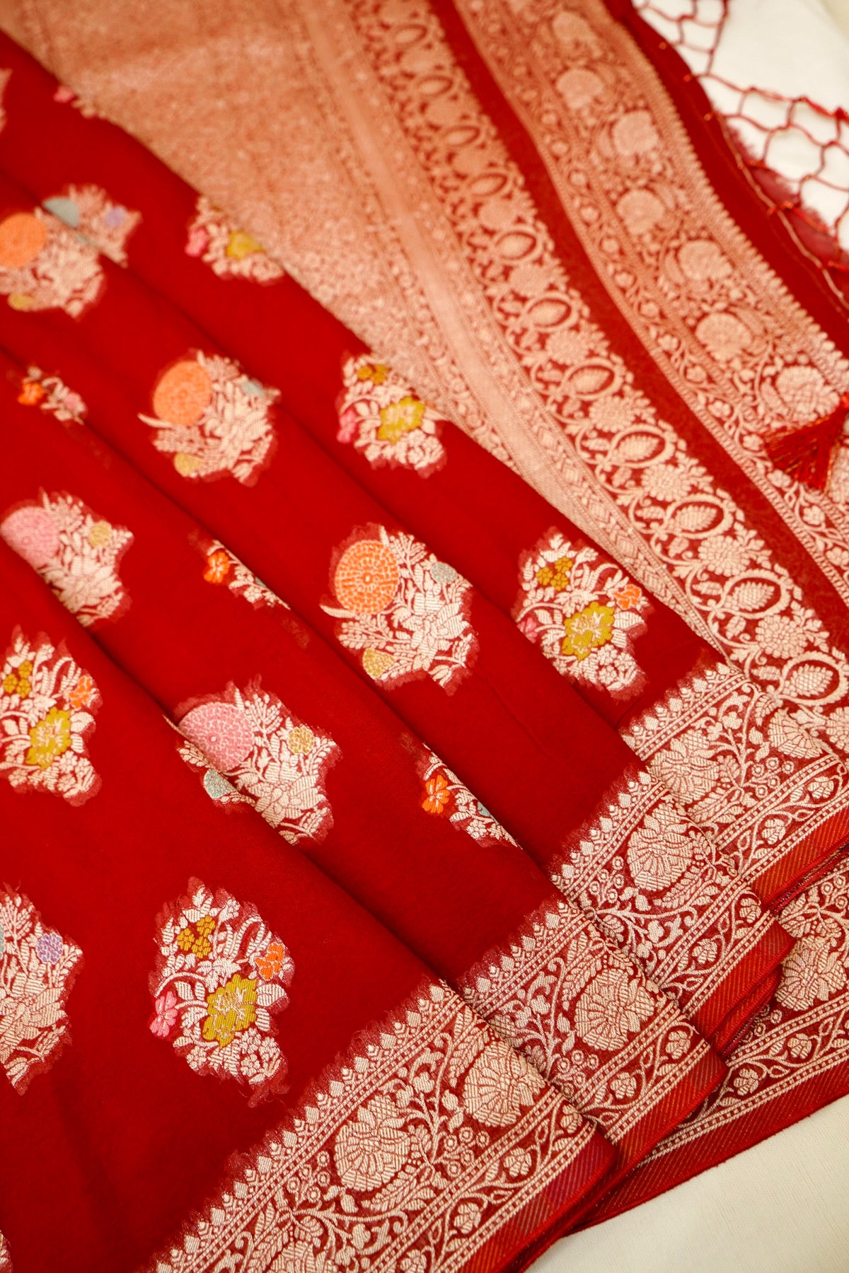 Classic Red Chinon Silk Saree with Multicolor Floral Border and Stitched Blouse