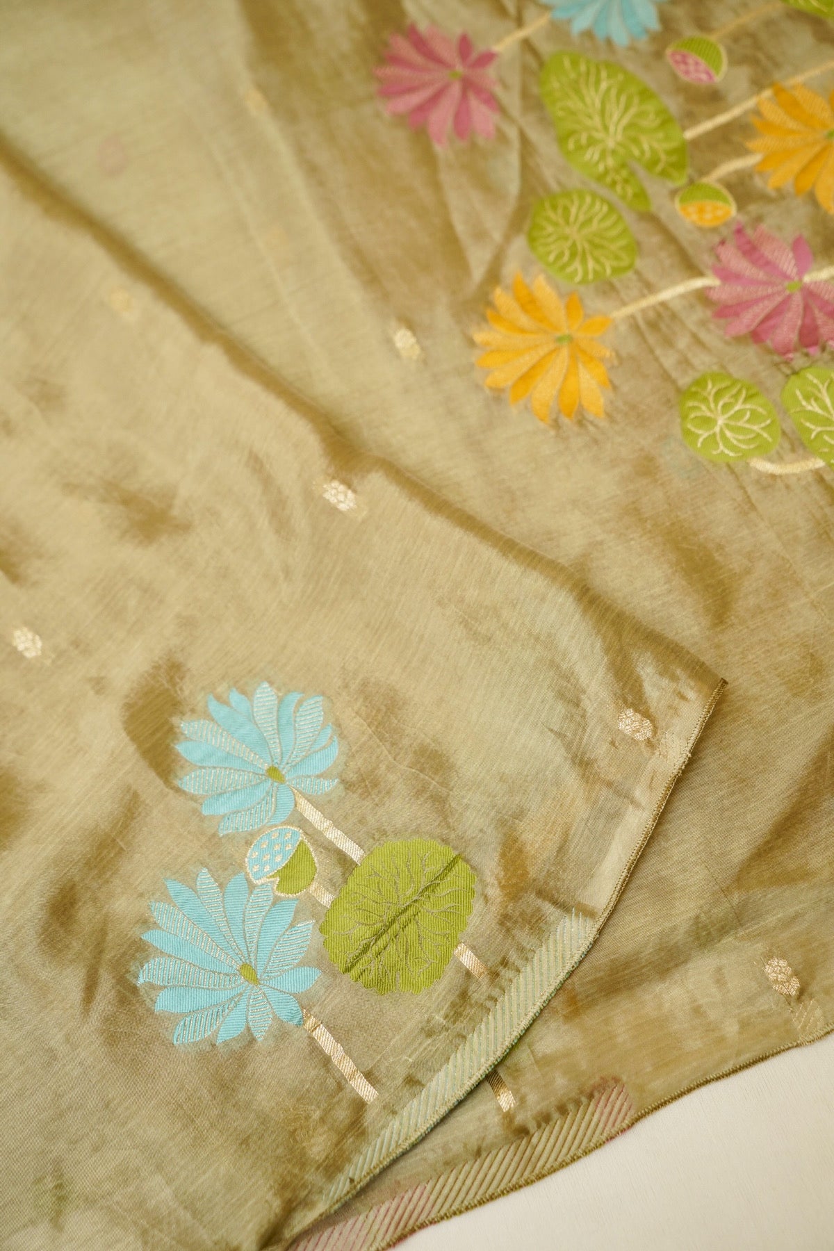Olive Gold Floral Weave Chinon Silk Saree with Stitched Blouse