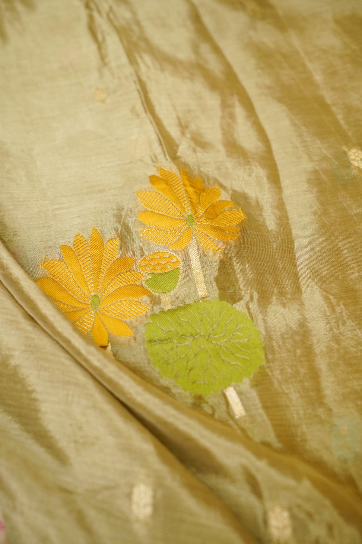 Olive Gold Floral Weave Chinon Silk Saree with Stitched Blouse