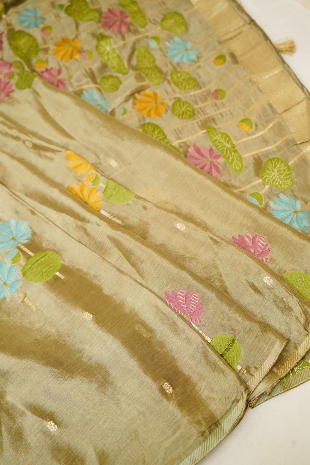 Olive Gold Floral Weave Chinon Silk Saree with Stitched Blouse