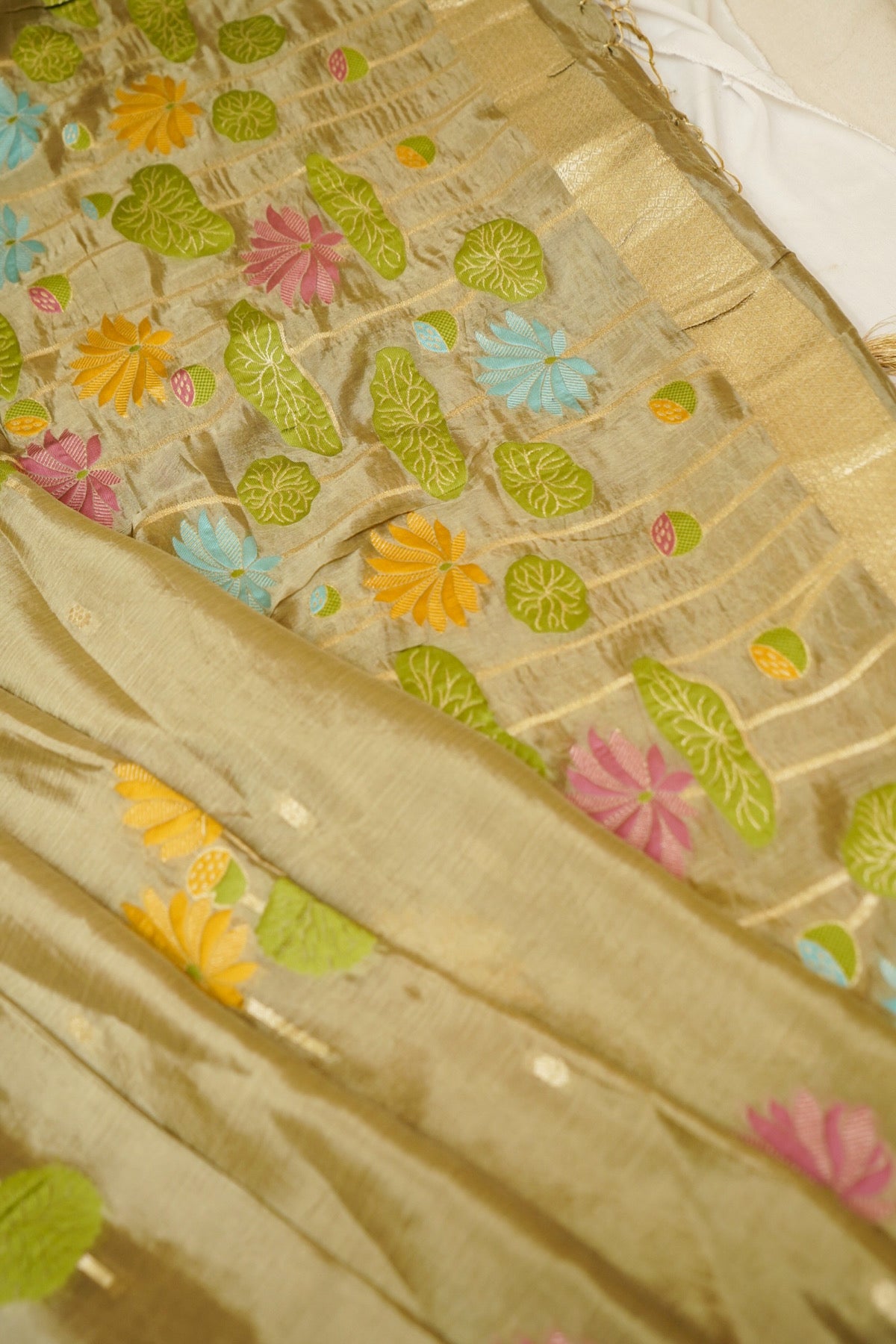 Olive Gold Floral Weave Chinon Silk Saree with Stitched Blouse