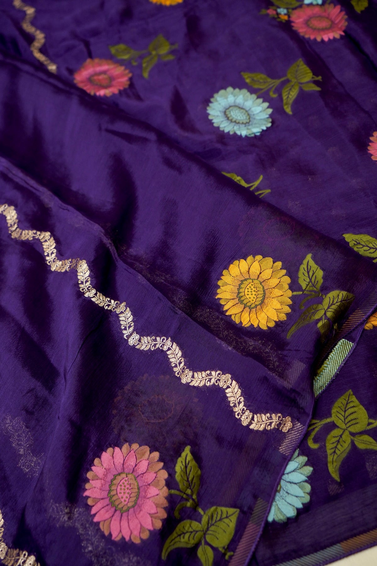 Deep Purple Floral Weave Chinon Silk Saree with Stitched Blouse