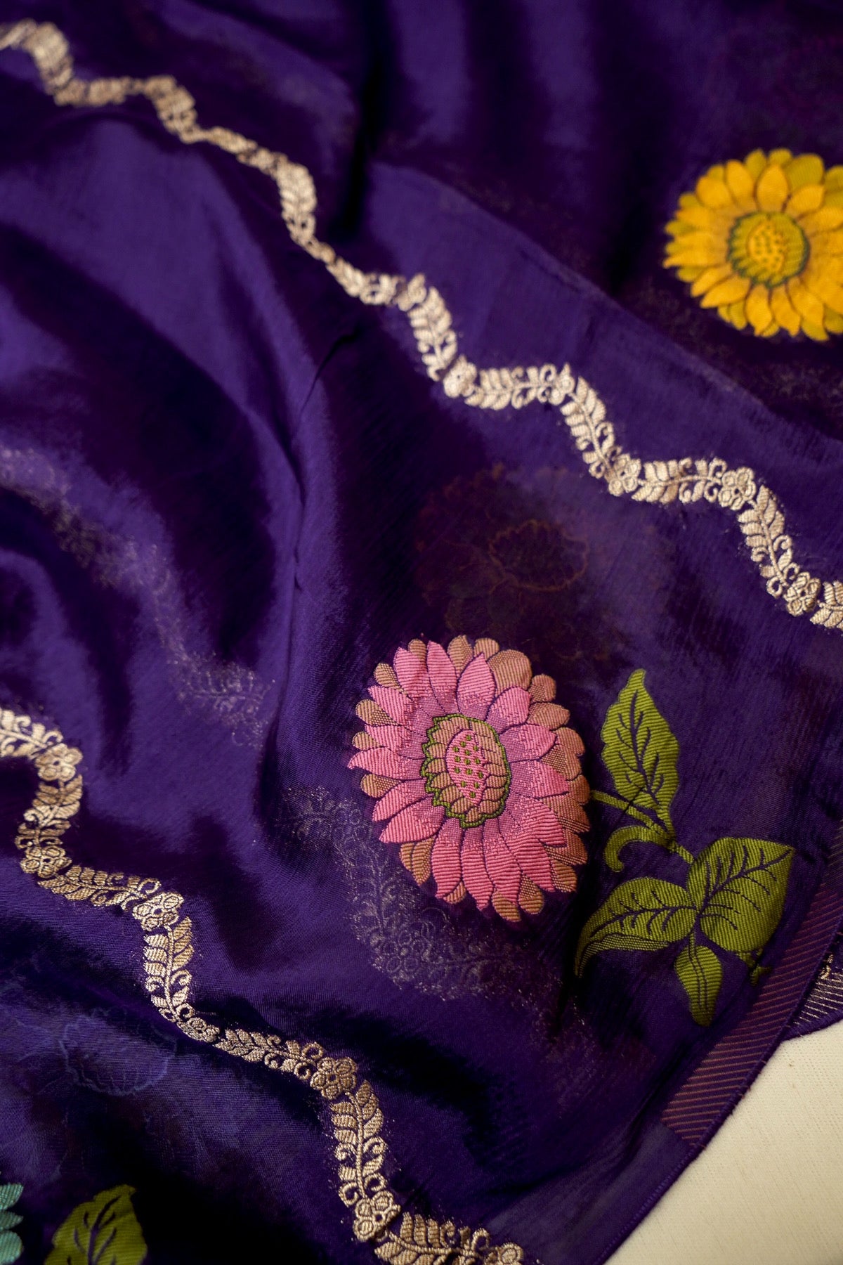 Deep Purple Floral Weave Chinon Silk Saree with Stitched Blouse