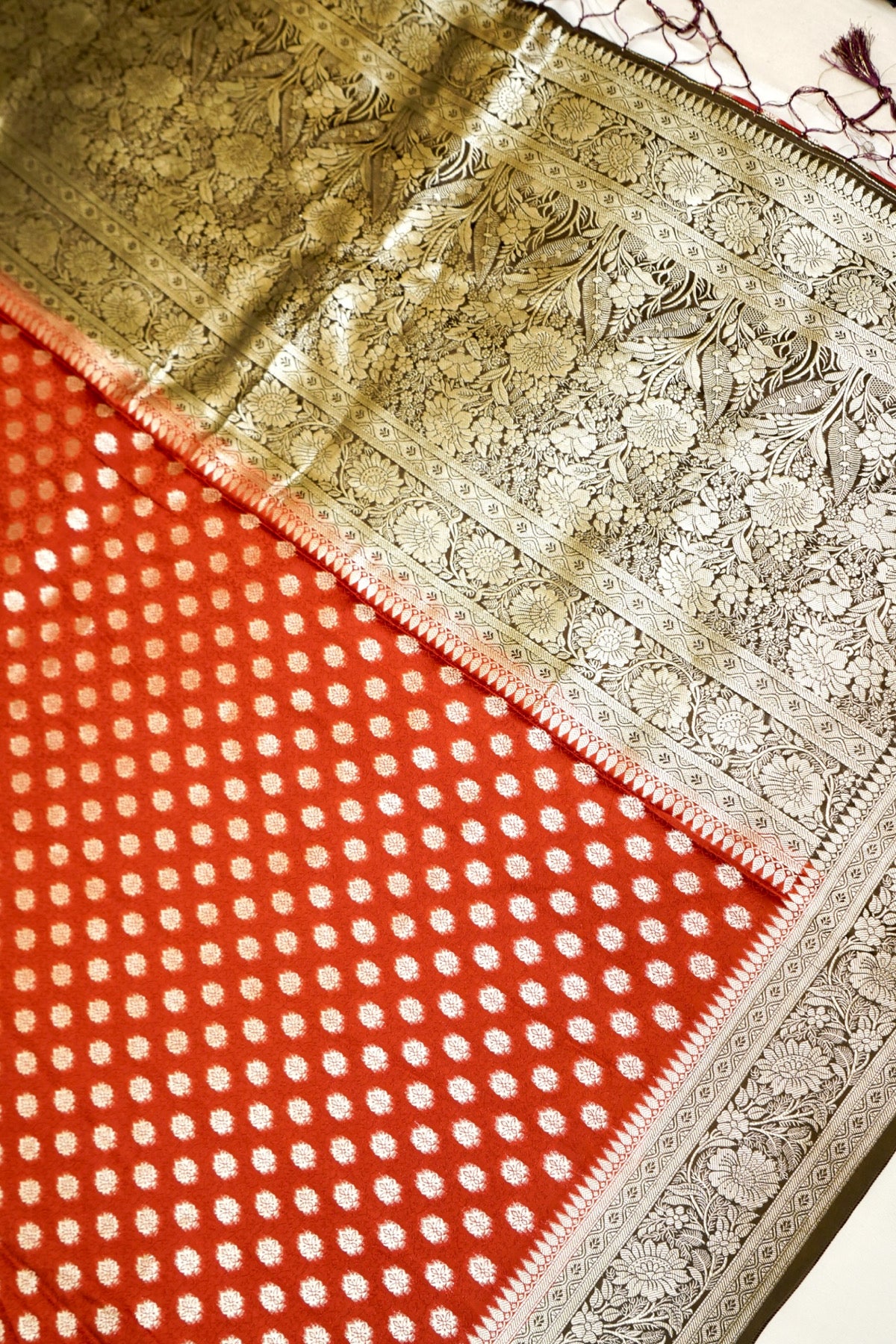 Rust Red Banarasi Dola Silk Saree with Stitched Blouse