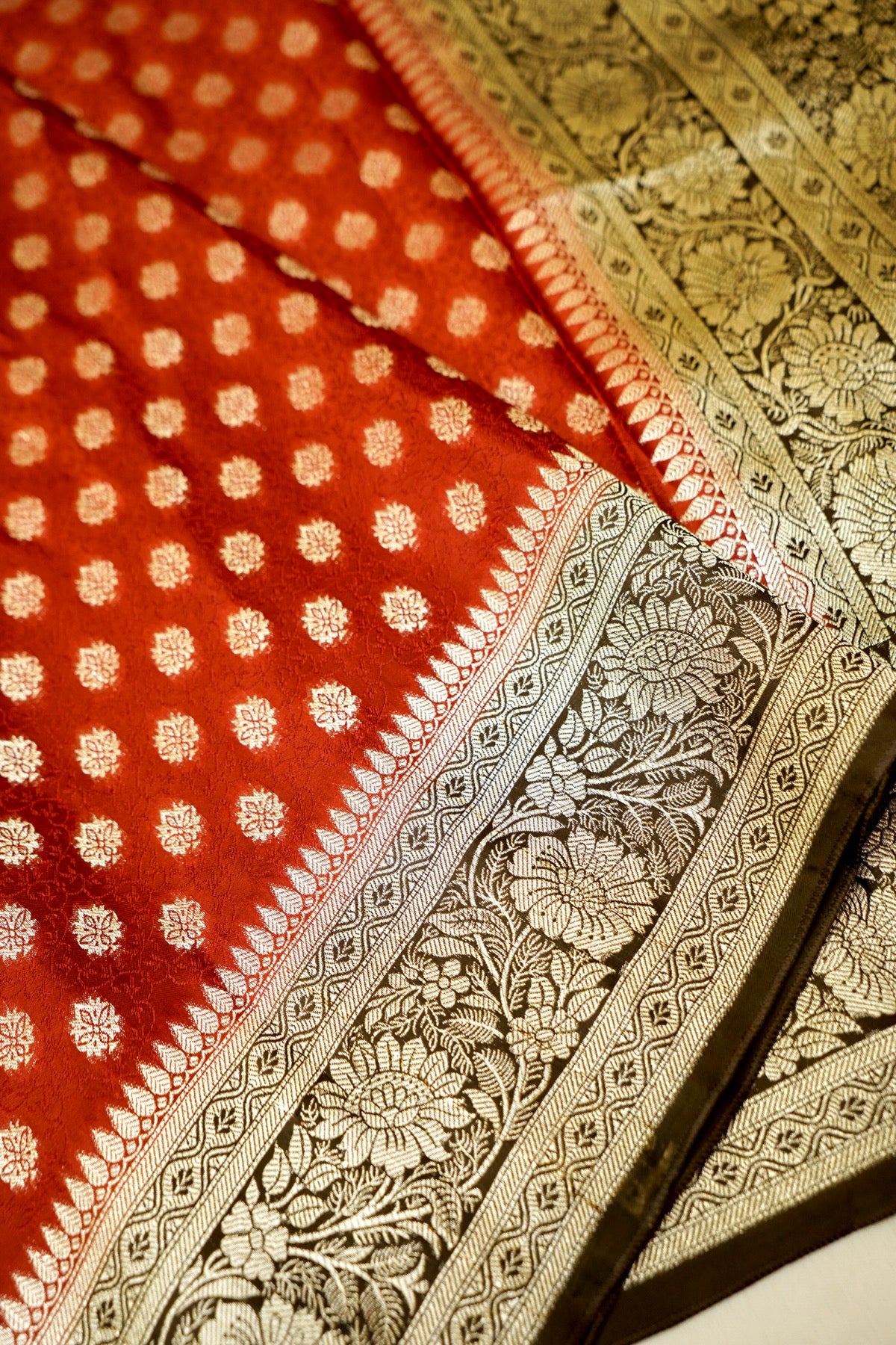 Rust Red Banarasi Dola Silk Saree with Stitched Blouse