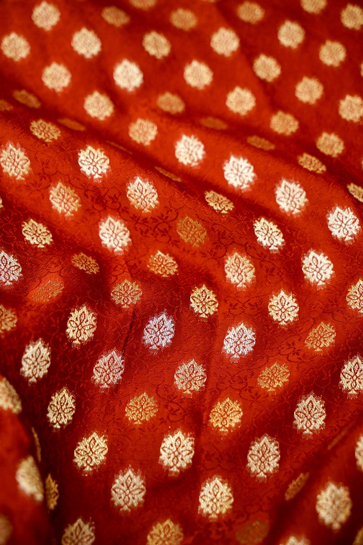 Rust Red Banarasi Dola Silk Saree with Stitched Blouse