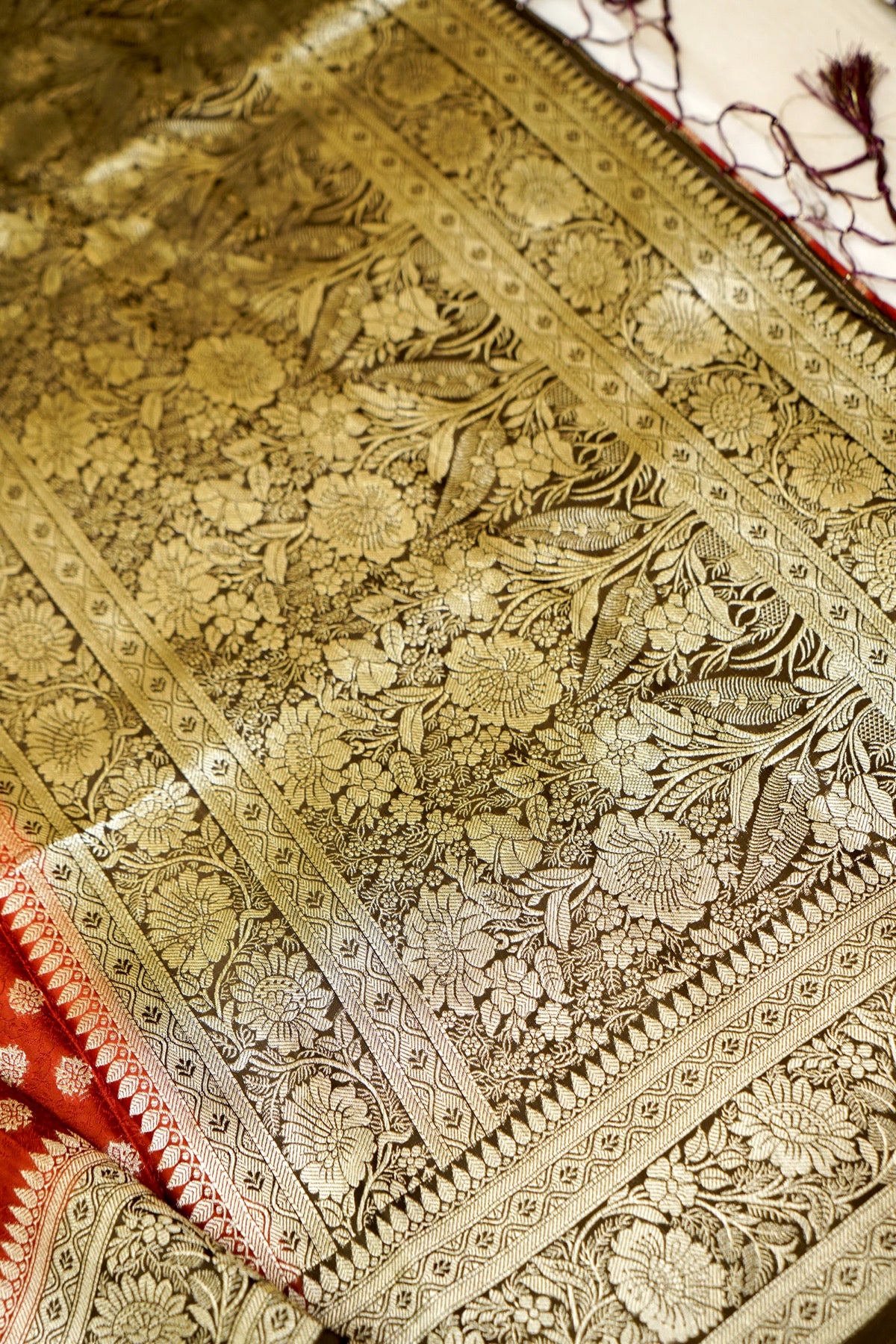 Rust Red Banarasi Dola Silk Saree with Stitched Blouse