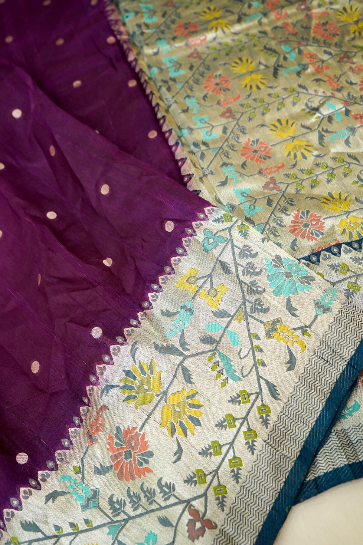 Plum Purple Raw Silk Polka Dot Saree with Steel Blue Geometric Floral Border