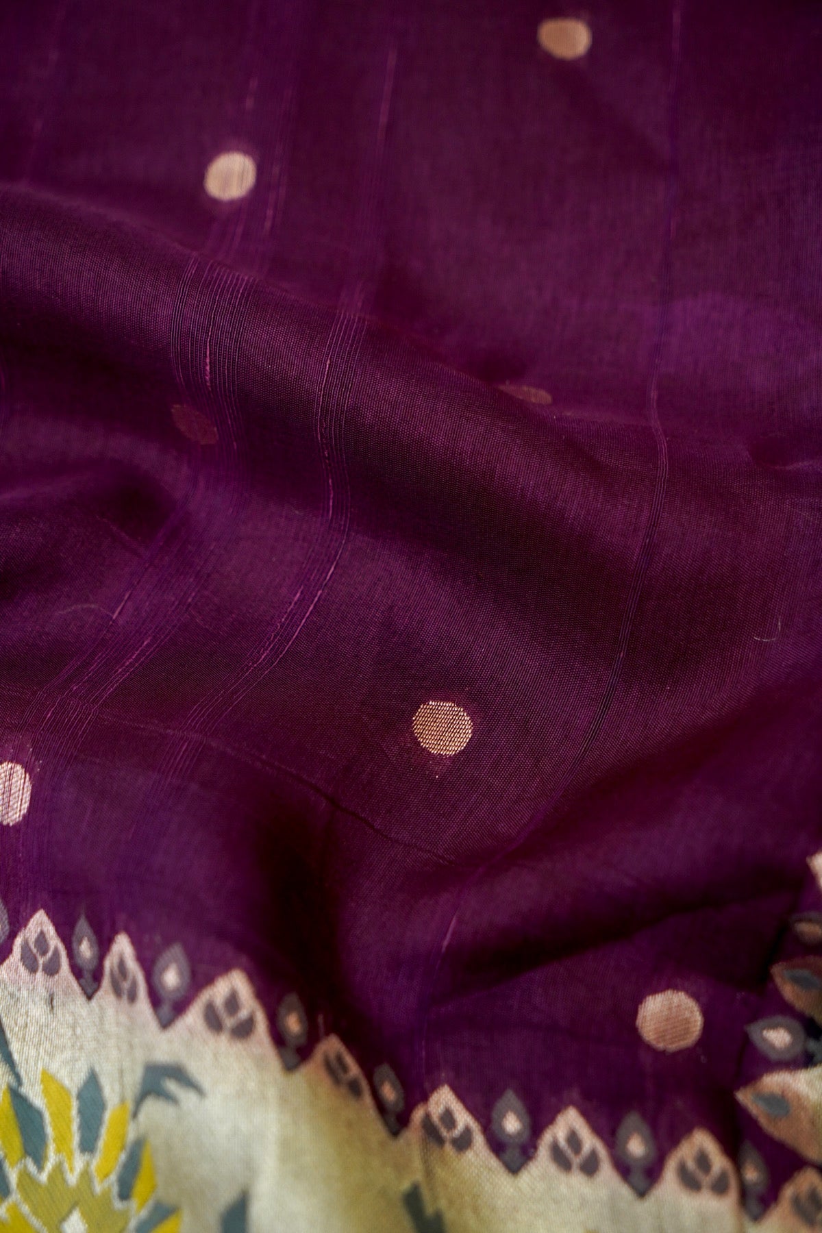 Plum Purple Raw Silk Polka Dot Saree with Steel Blue Geometric Floral Border