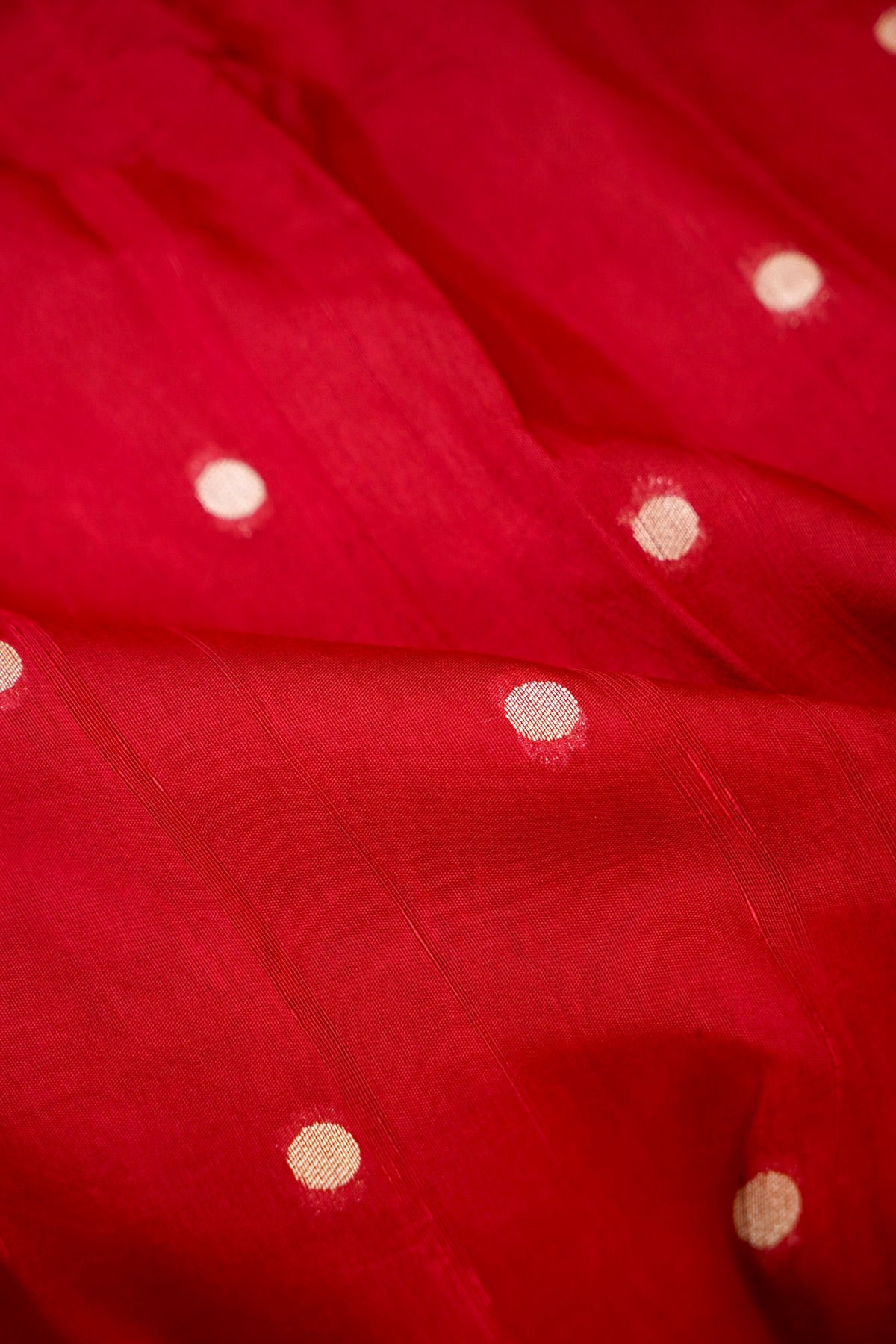 Crimson Red Raw Silk Polka Dot Saree with Green Geometric Floral Border