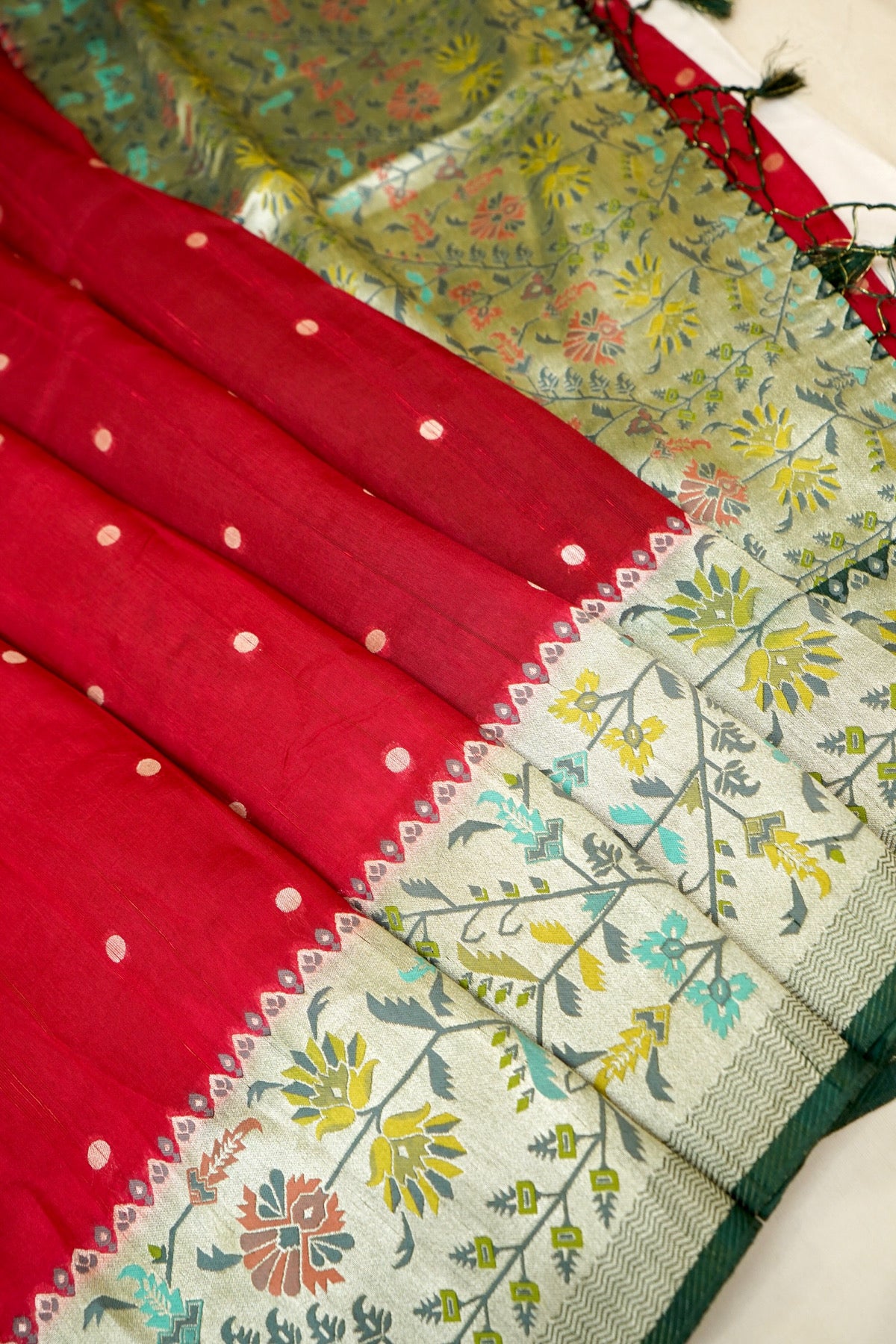 Crimson Red Raw Silk Polka Dot Saree with Green Geometric Floral Border