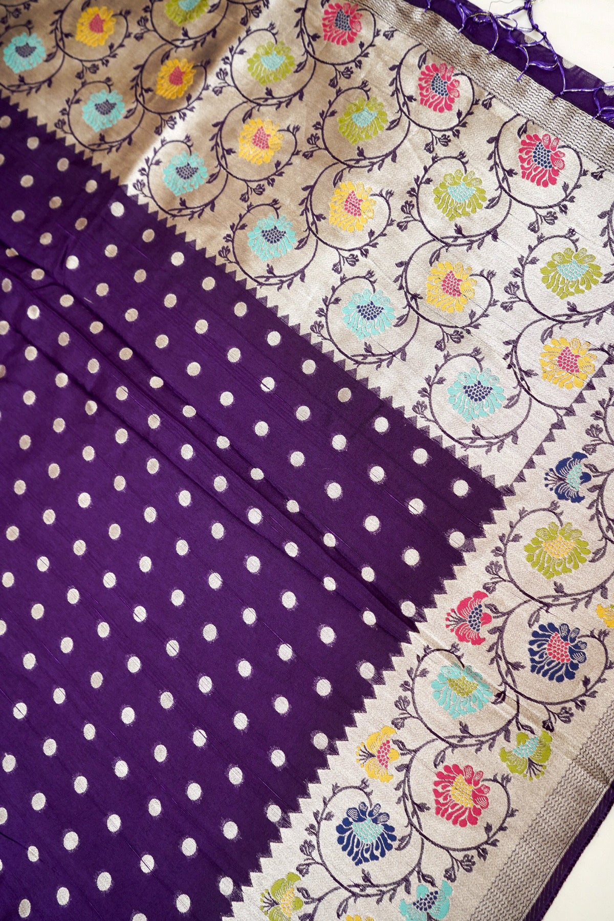 Deep Purple Raw Silk Polka Dot Saree with Floral Border