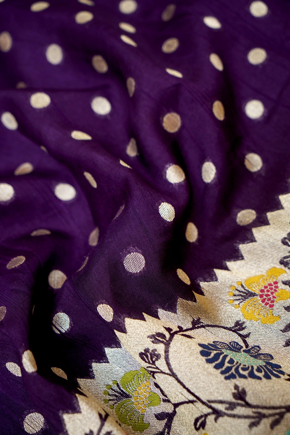 Deep Purple Raw Silk Polka Dot Saree with Floral Border