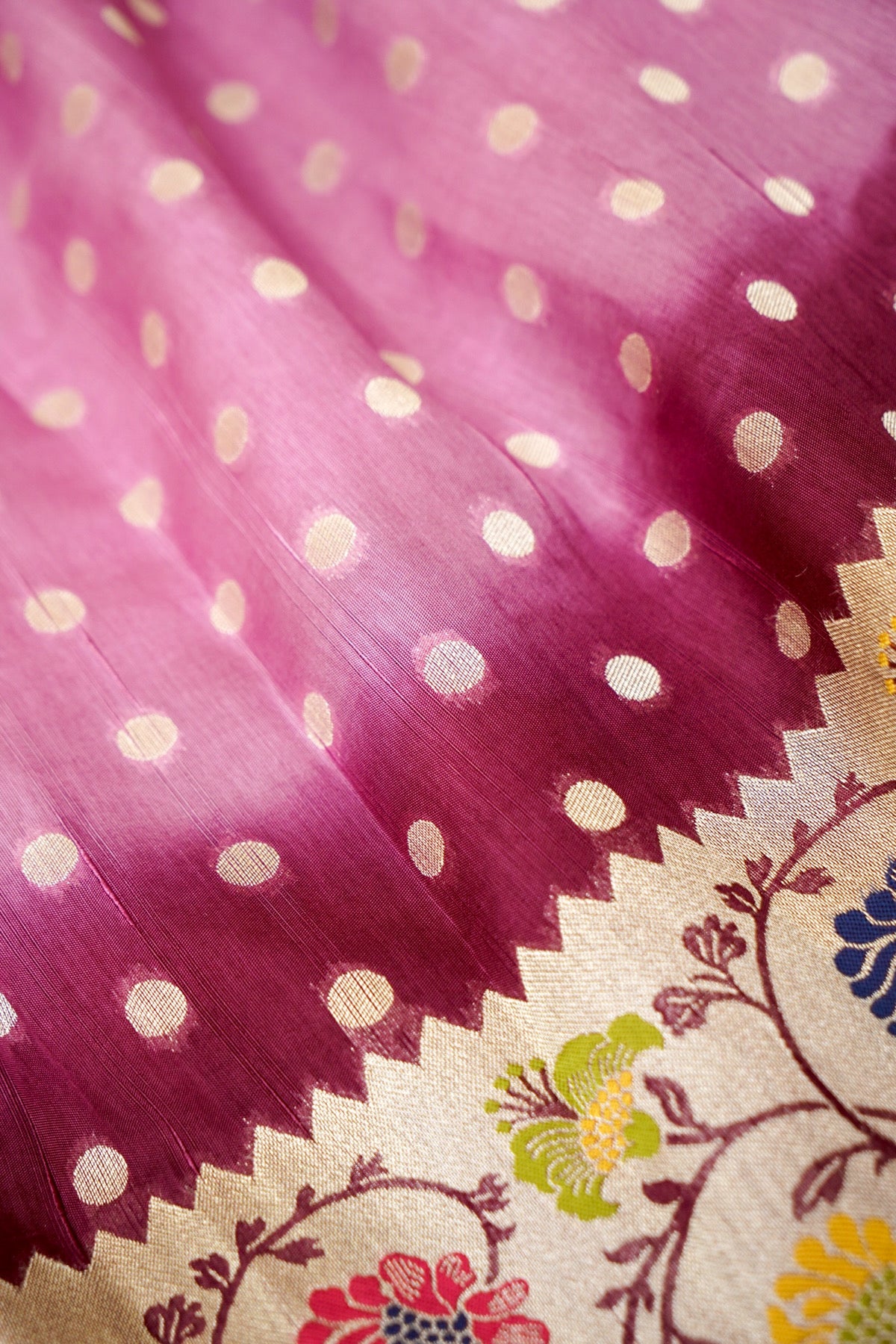 Mauve Pink Raw Silk Polka Dot Saree with Floral Border