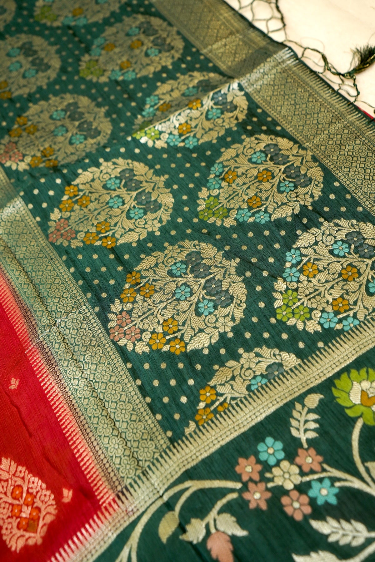 Classic Red Raw Silk Saree with Floral Deep Teal Border