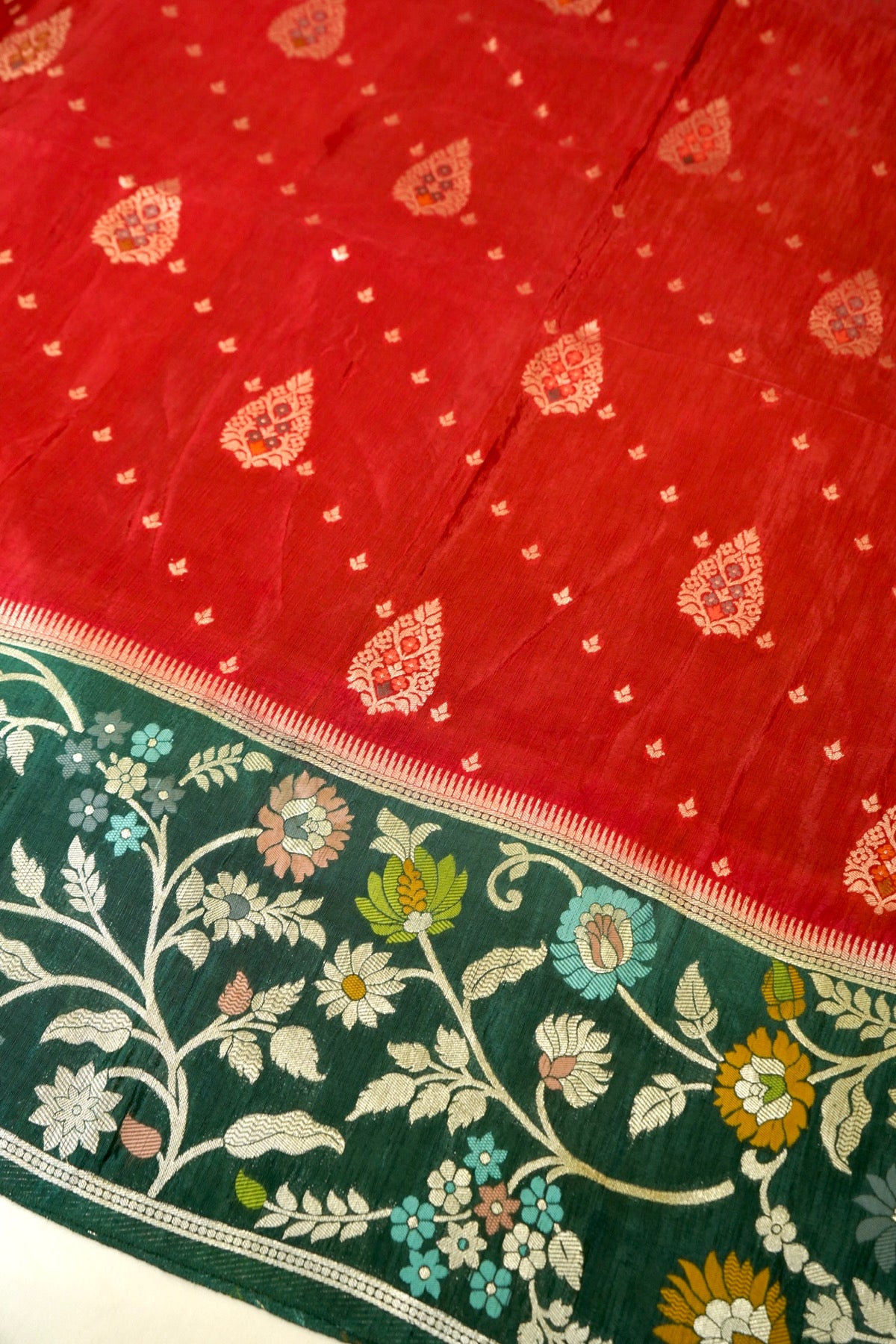 Classic Red Raw Silk Saree with Floral Deep Teal Border