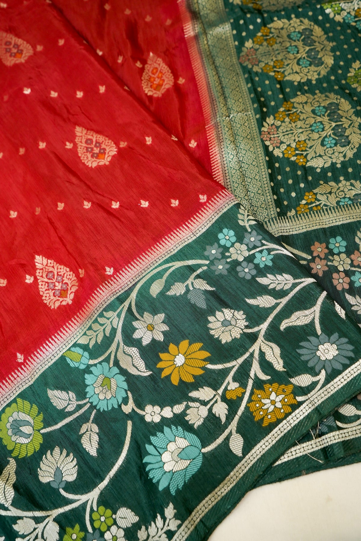 Classic Red Raw Silk Saree with Floral Deep Teal Border